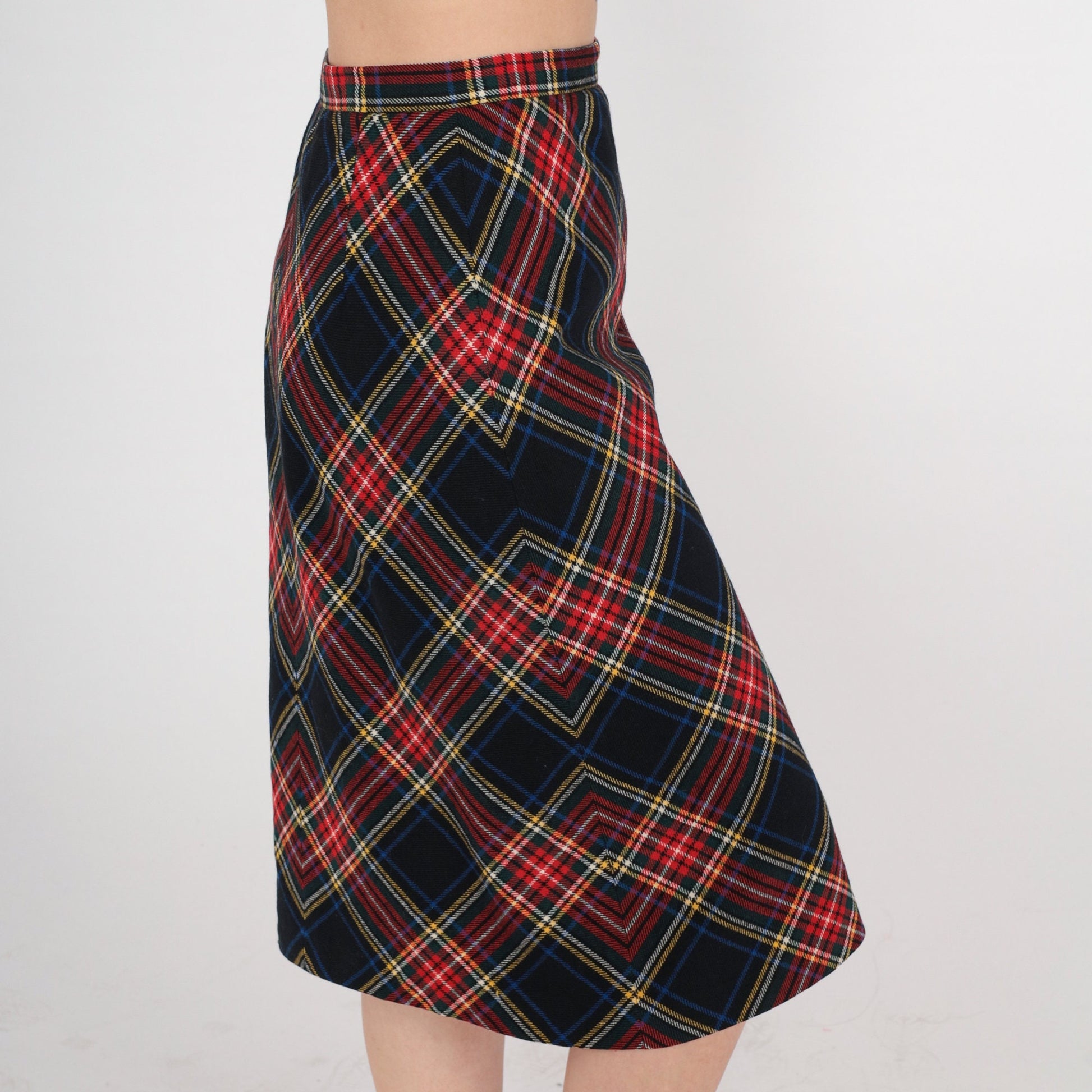 70s Wool Plaid Midi Skirt High Waist Black Red Tartan Small S