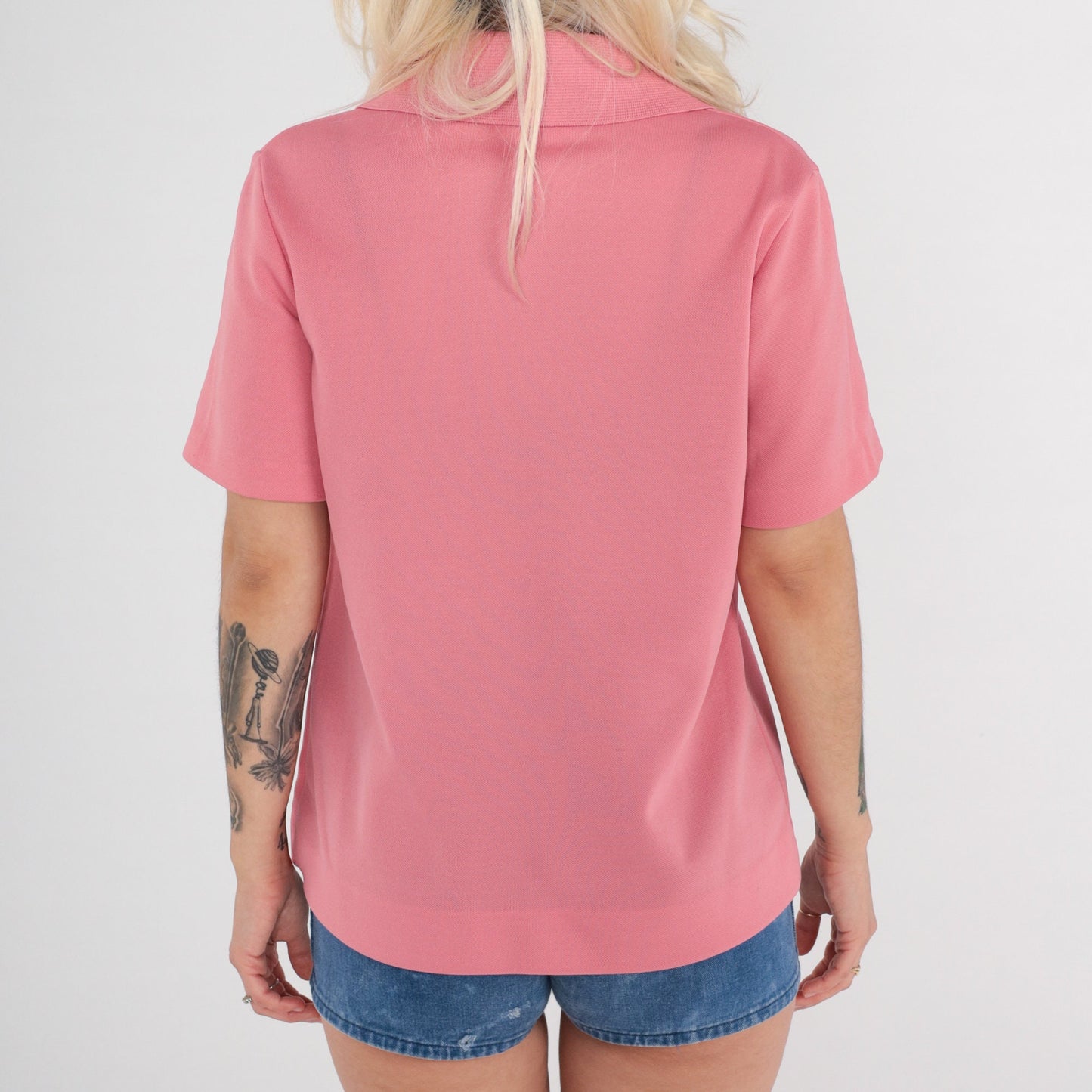 70s Pink Collared V-Neck Polo Shirt Short Sleeve Large L