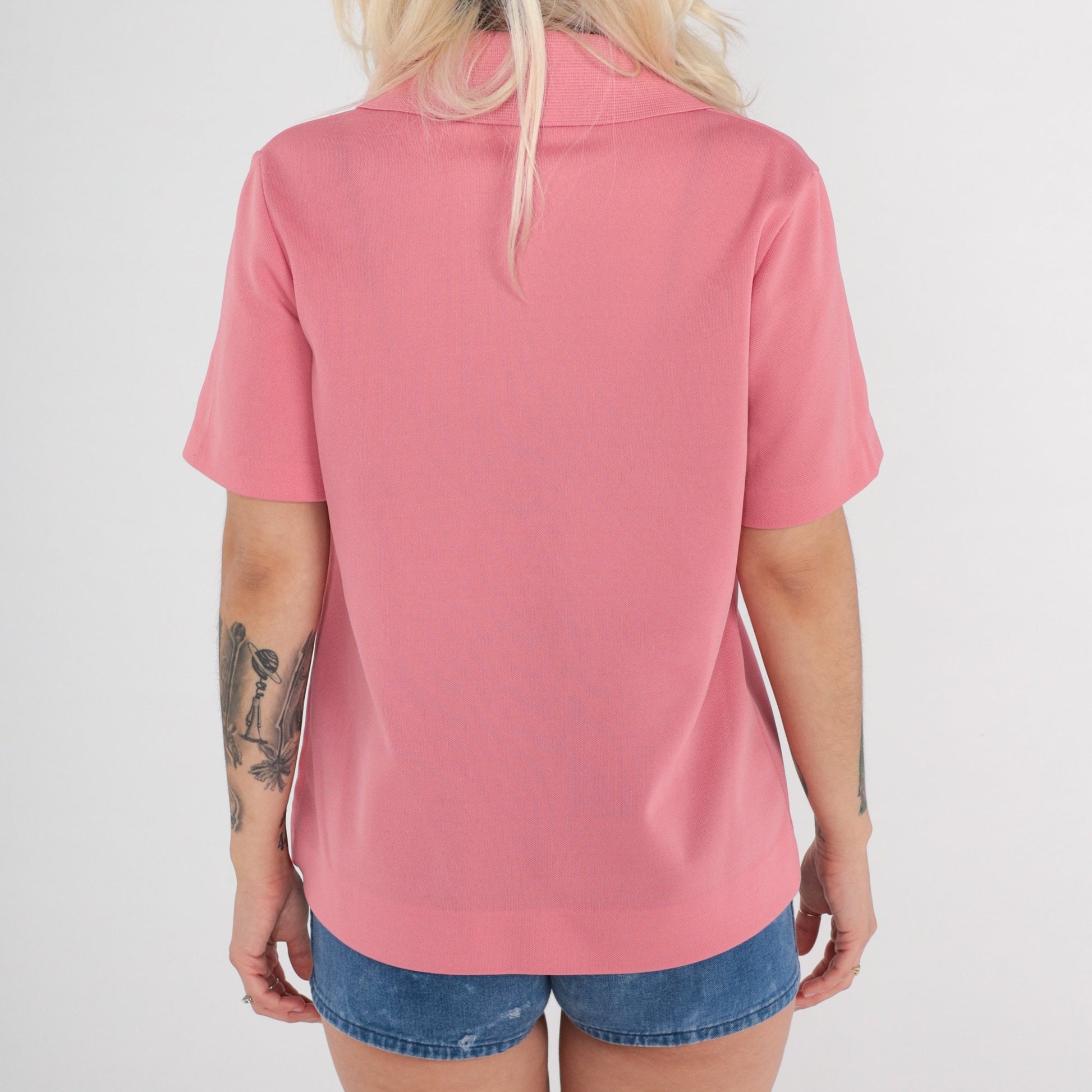 70s Pink Collared V-Neck Polo Shirt Short Sleeve Large L