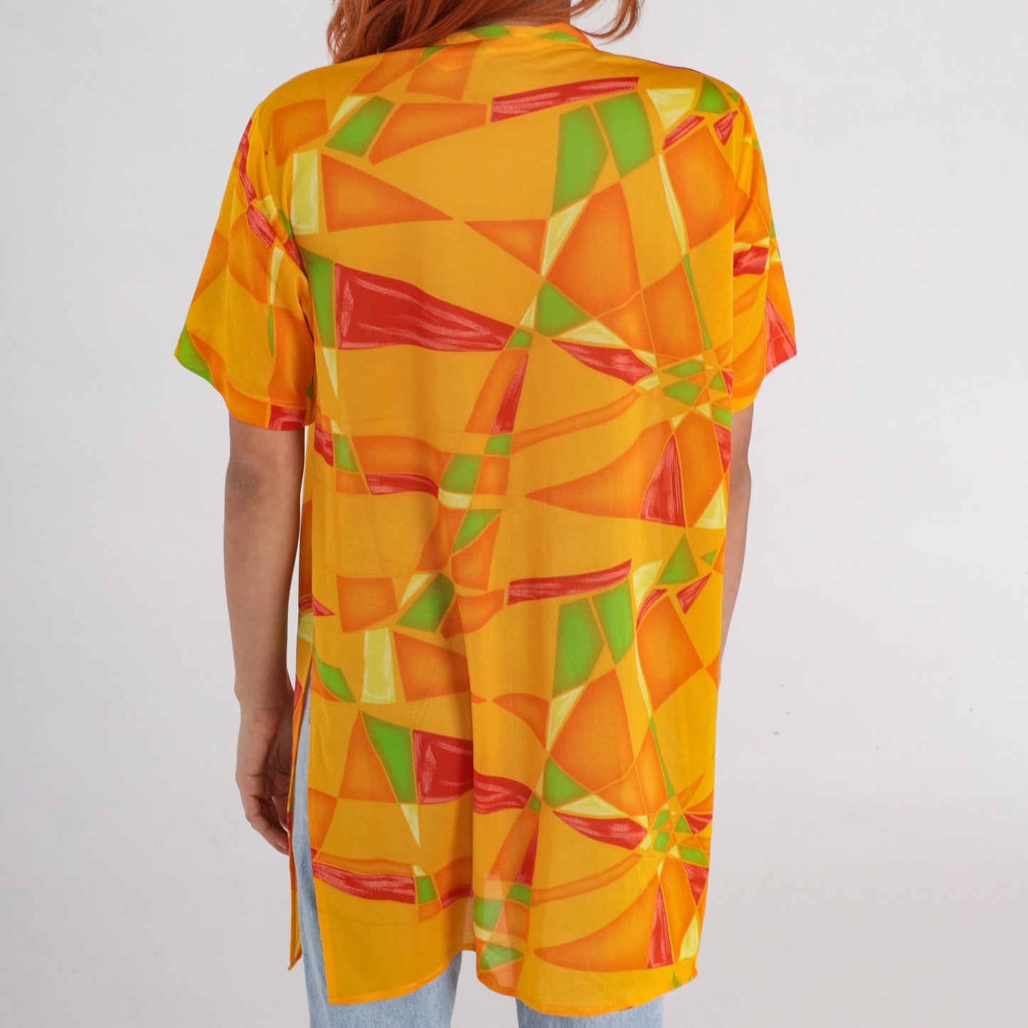 90s Yellow Geometric Mosaic Button Up Shirt Short Sleeve Blouse Extra Large