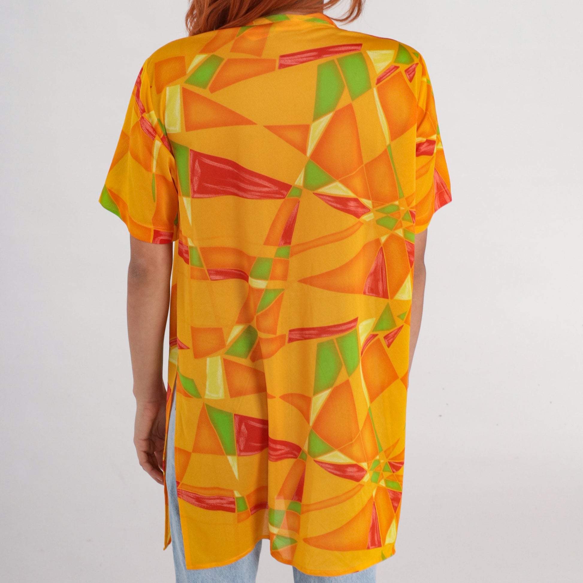 90s Yellow Geometric Mosaic Button Up Shirt Short Sleeve Blouse Extra Large