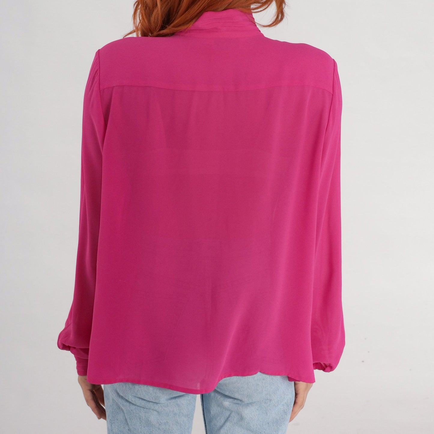 80s Fuchsia Chiffon Blouse Long Sleeve Pleated Button Up Medium Large