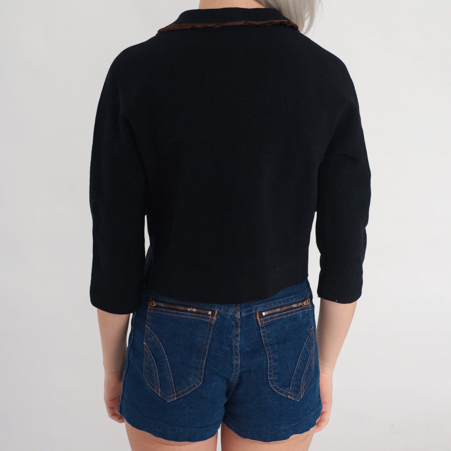 60s R & K Knits Black Wool Blend Blazer Brown Trim Cropped 3/4 Sleeve Extra Small