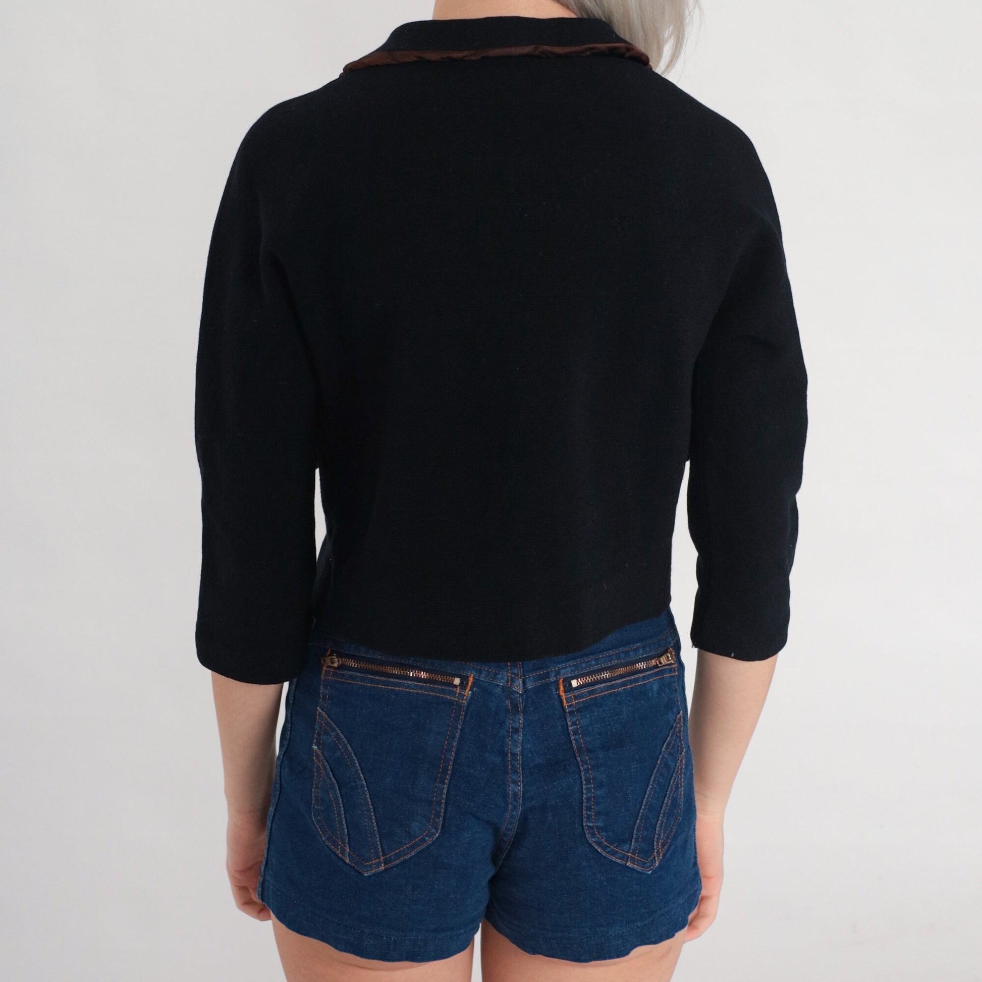 60s R & K Knits Black Wool Blend Blazer Brown Trim Cropped 3/4 Sleeve Extra Small