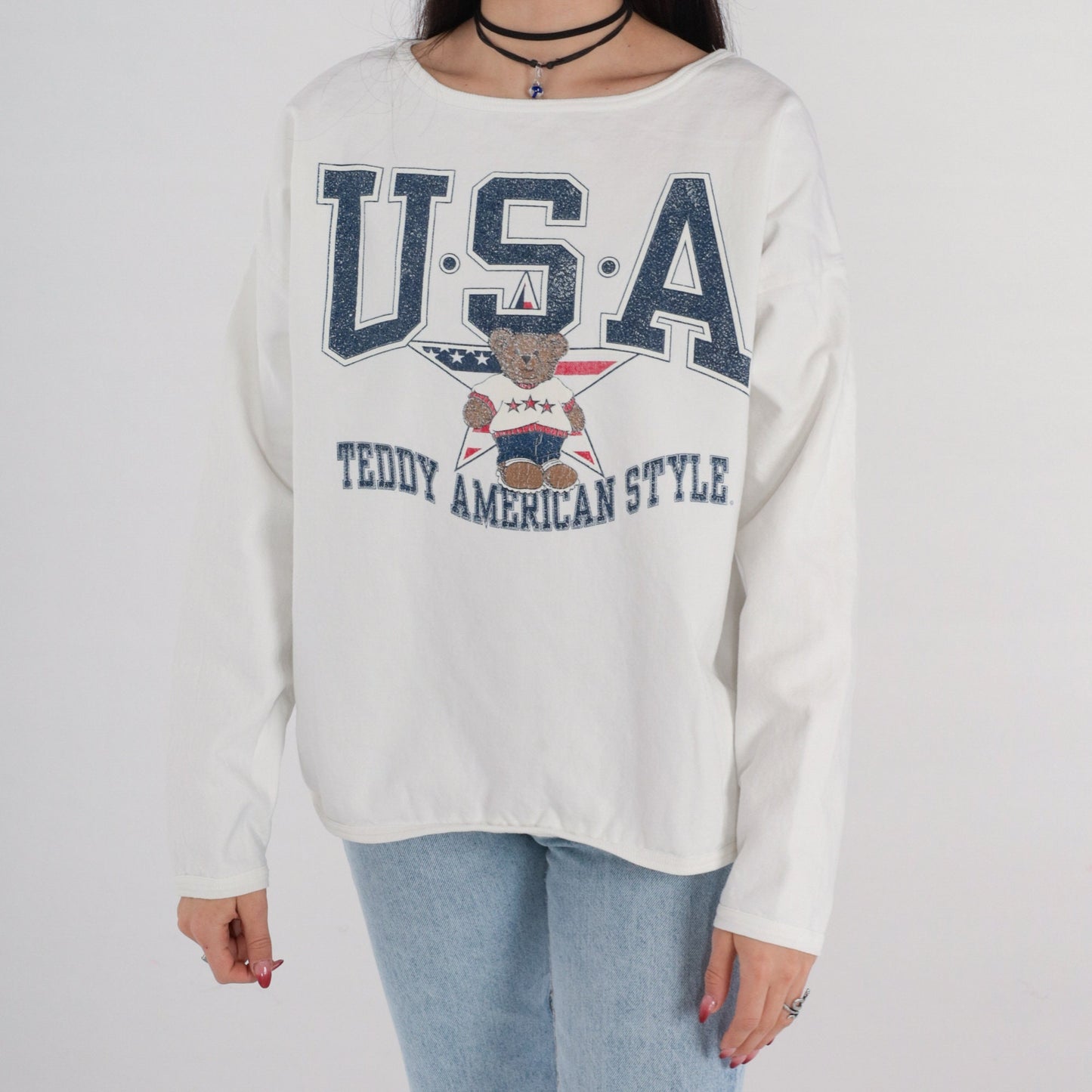 90s Teddy Bear USA Graphic Sweatshirt Cotton Crewneck White Medium Large