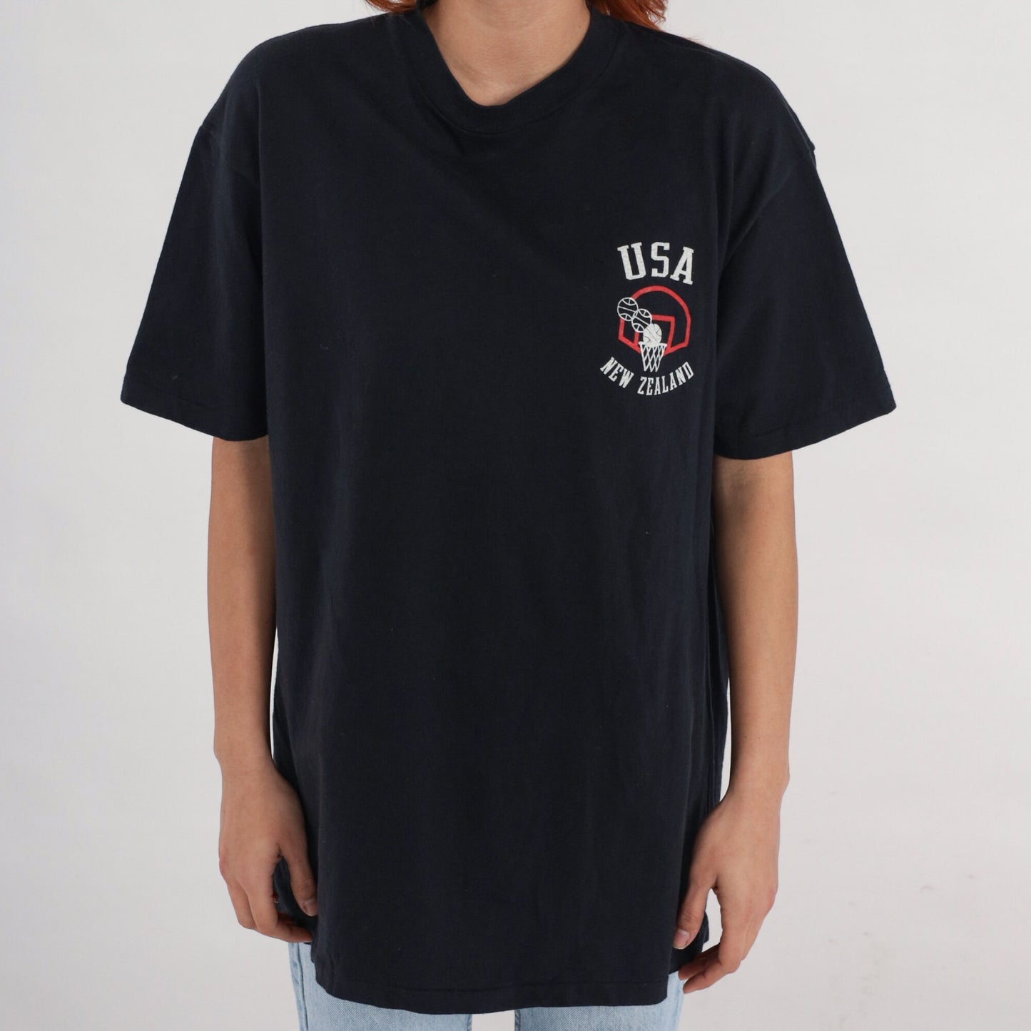 90s USA New Zealand Basketball Tournament Graphic T-Shirt Cotton Black Extra Large XL