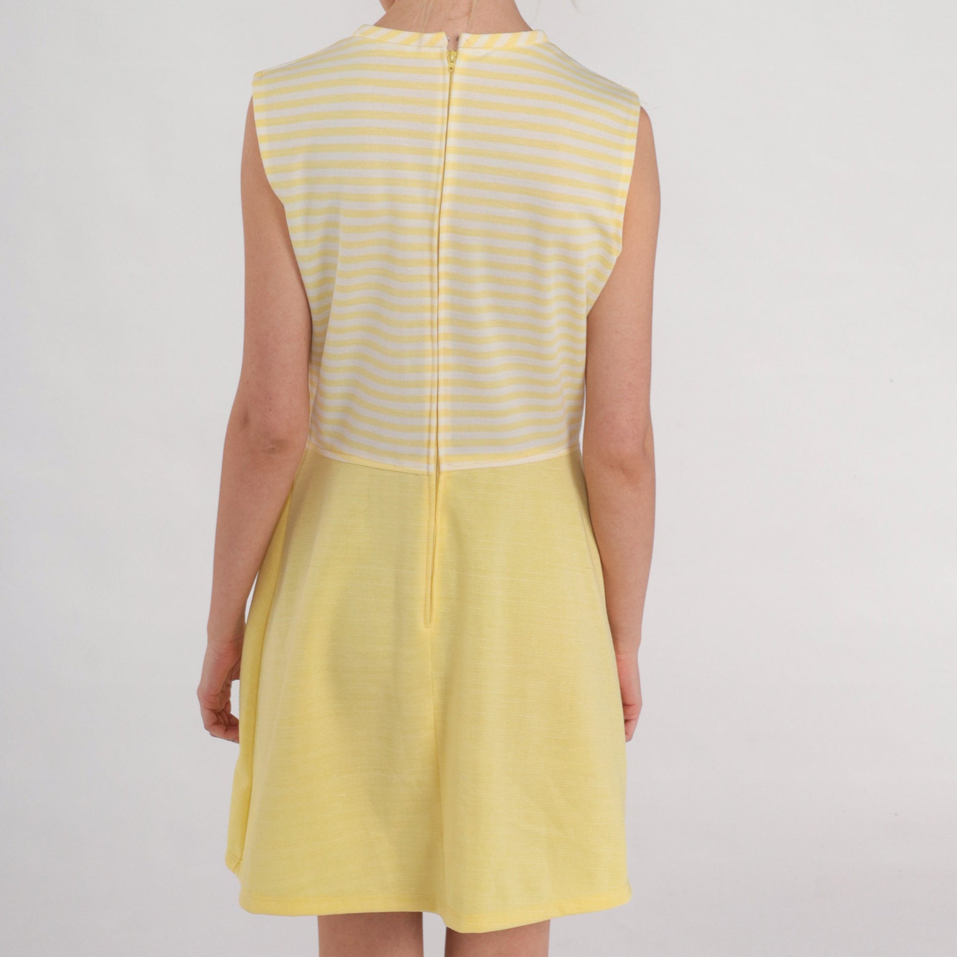70s Yellow & White Striped Shift Mini Dress Sleeveless Medium