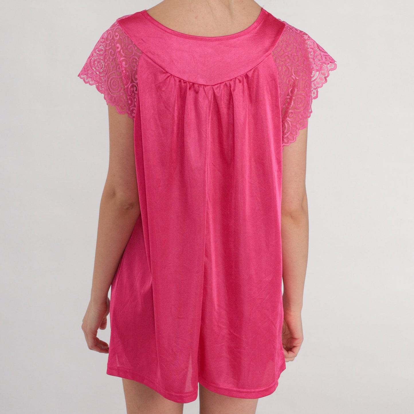 90s Pink Lace Nylon Pajama Top Short Sleeve Tunic Small