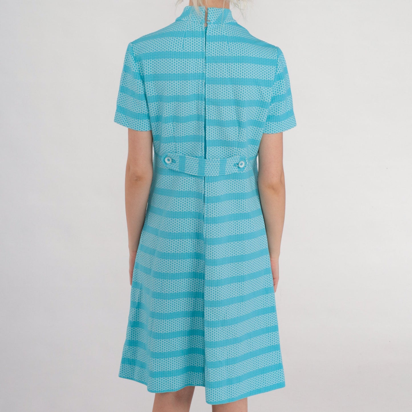 60s Mod Blue Striped Bubble Print Shift Dress Mock Neck Knee Length Small