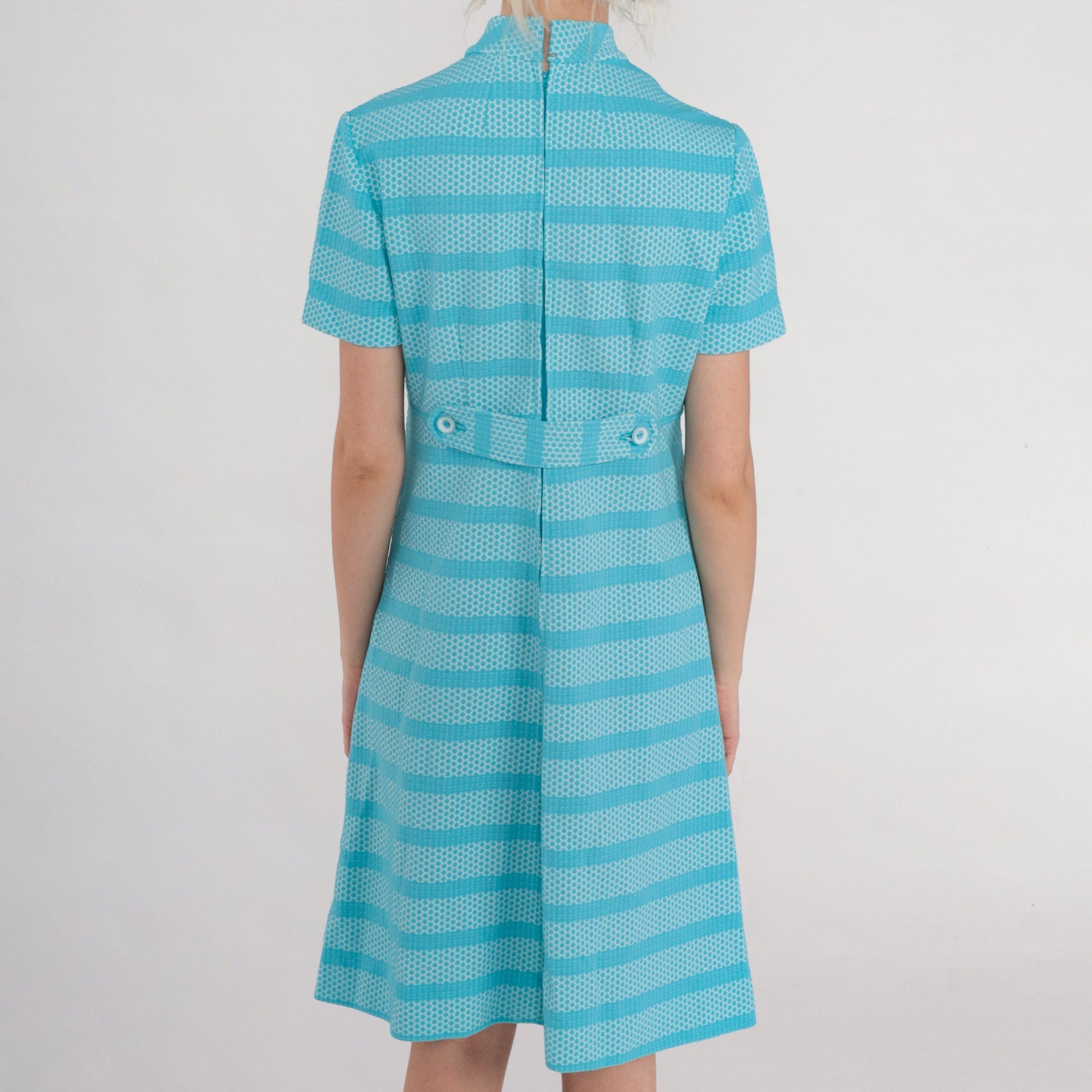 60s Mod Blue Striped Bubble Print Shift Dress Mock Neck Knee Length Small