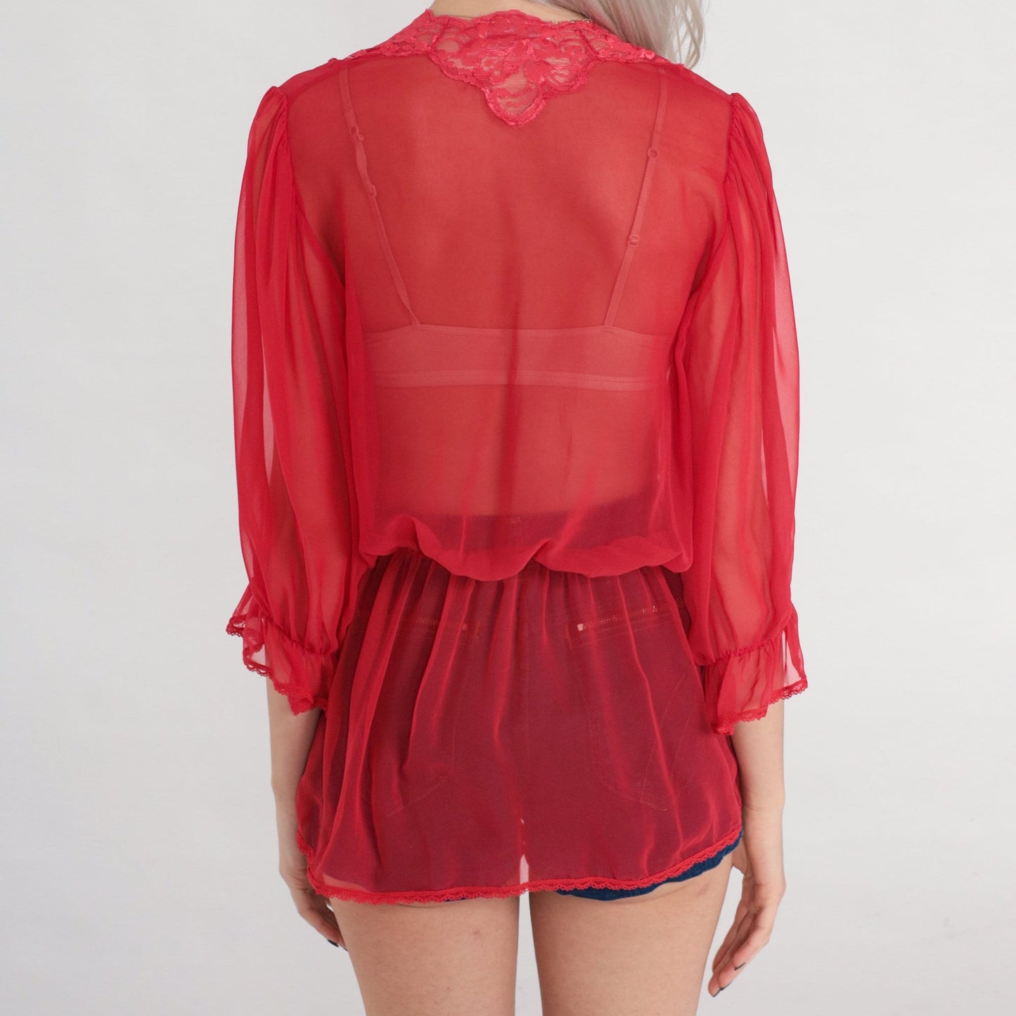 70s Red Sheer Bed Jacket Lace Trim Tie Front 3/4 Sleeve Small