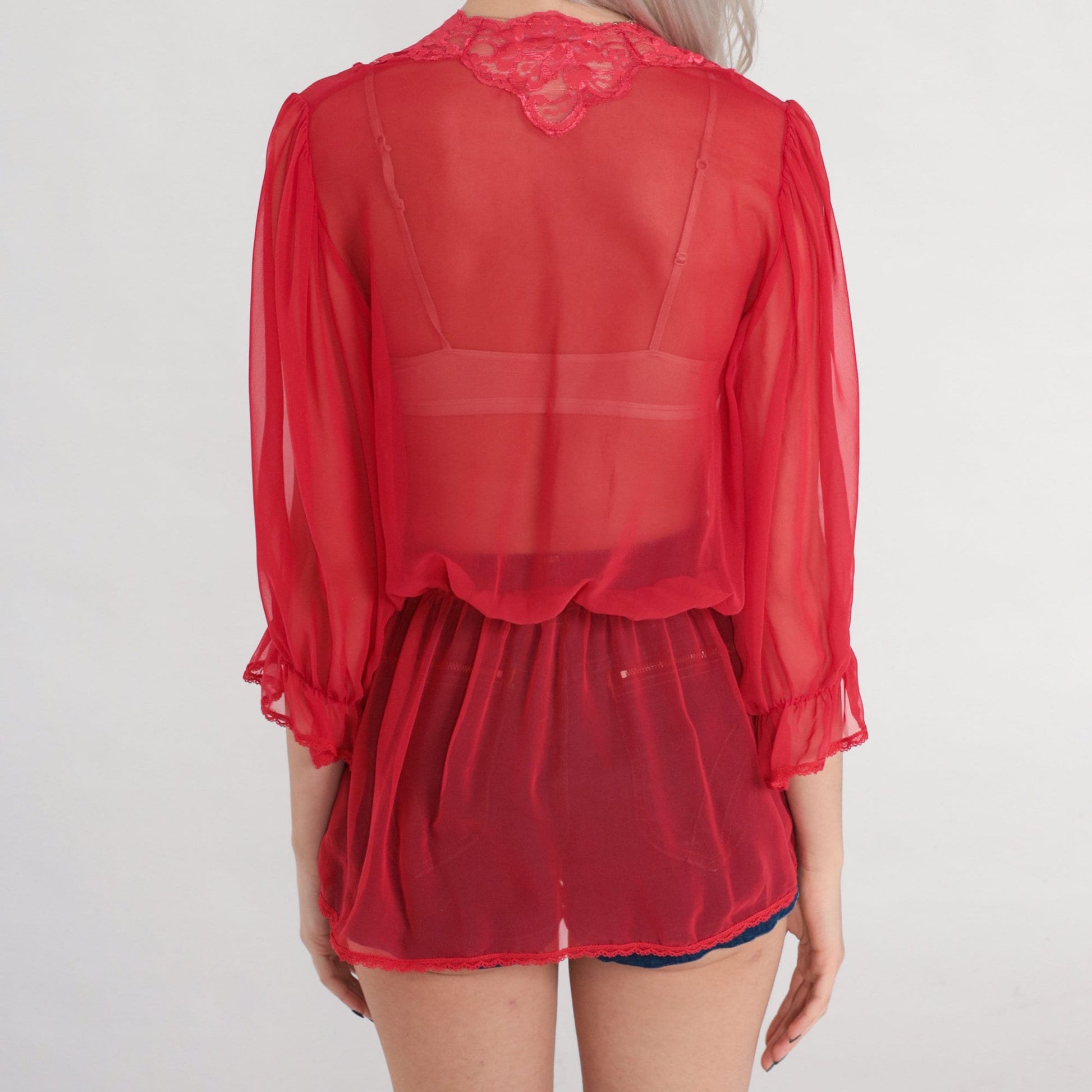 70s Red Sheer Bed Jacket Lace Trim Tie Front 3/4 Sleeve Small
