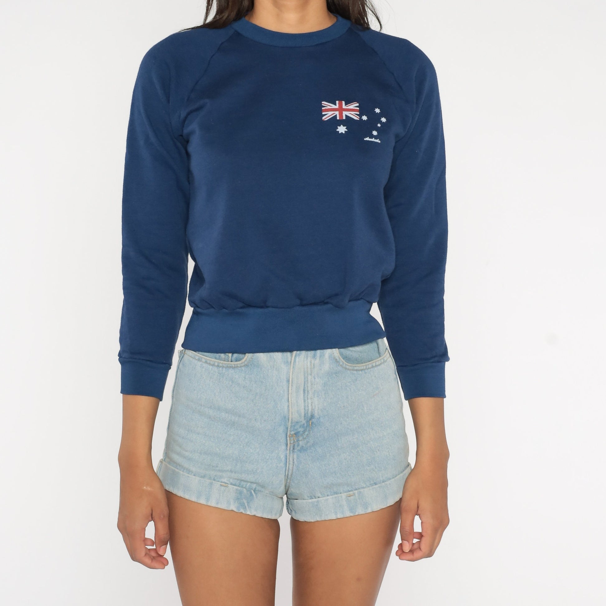 80s Australian Flag Sweatshirt Dark Blue Raglan Graphic Pullover Extra Small