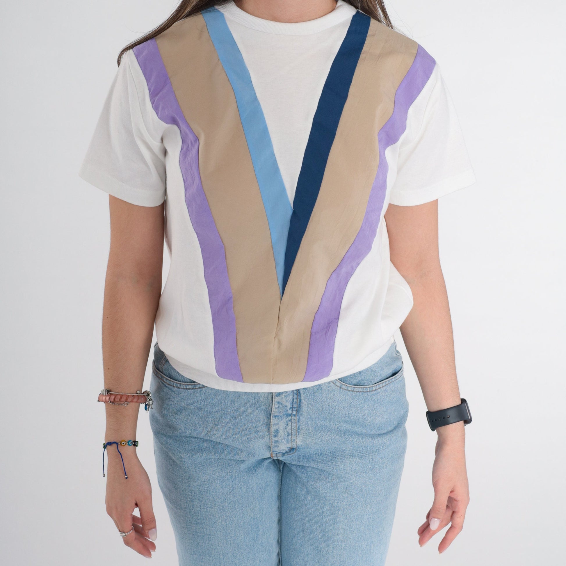 80s Chevron Striped T-Shirt White Blue Purple Banded Hem Small Medium