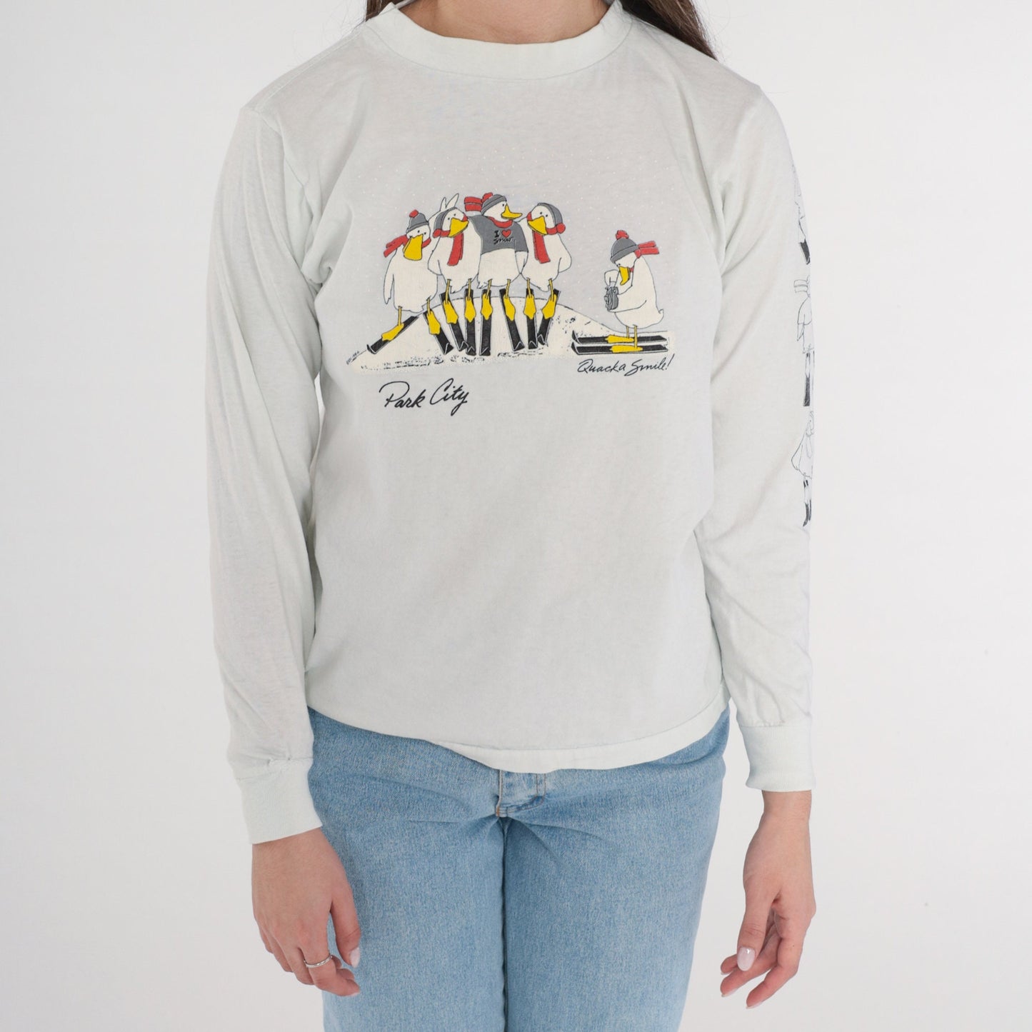 80s Park City Utah Ski Duck Graphic T-Shirt Long Sleeve Grey Medium
