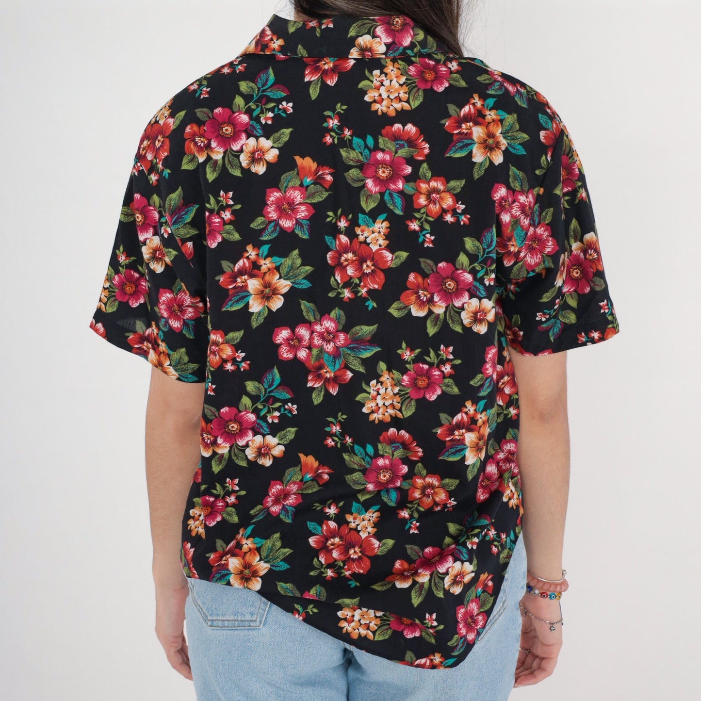 90s Black Tropical Floral Button-Up Shirt Short Sleeve Medium M