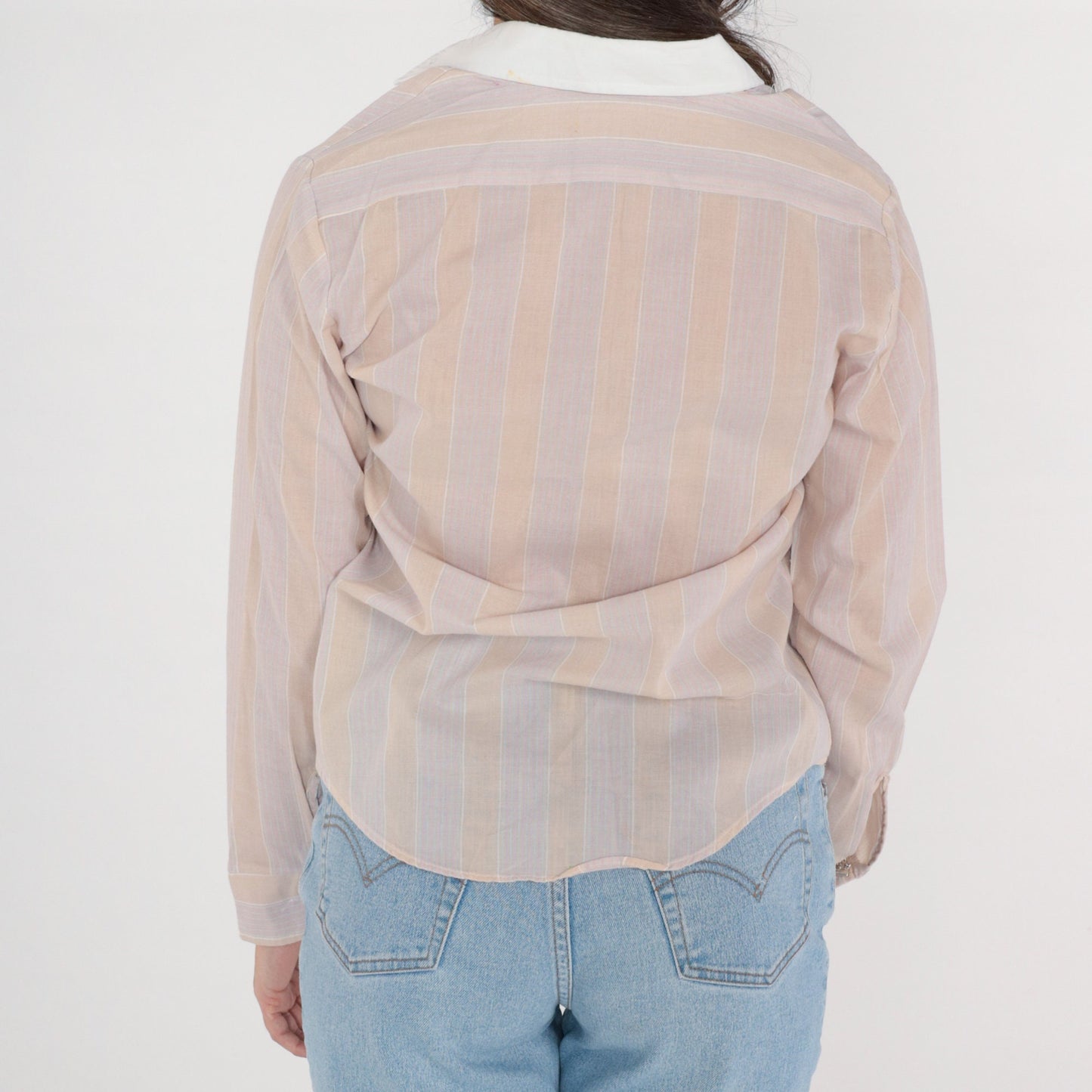 80s Striped Button-Up Shirt Tan Pink Long Sleeve Collared Extra Small