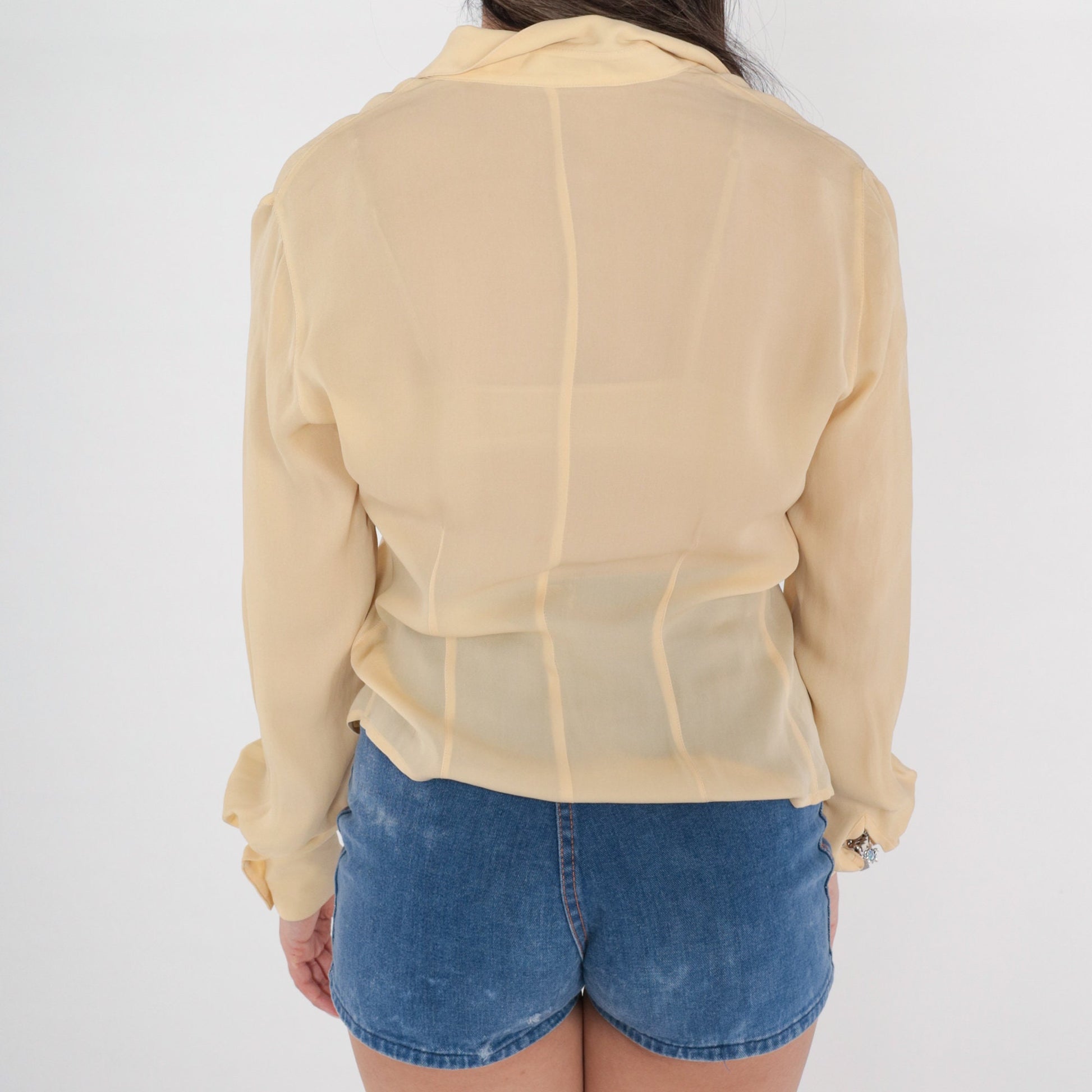 00s Pale Yellow Button-Up Blouse Balloon Sleeve Collared Shirt Medium M