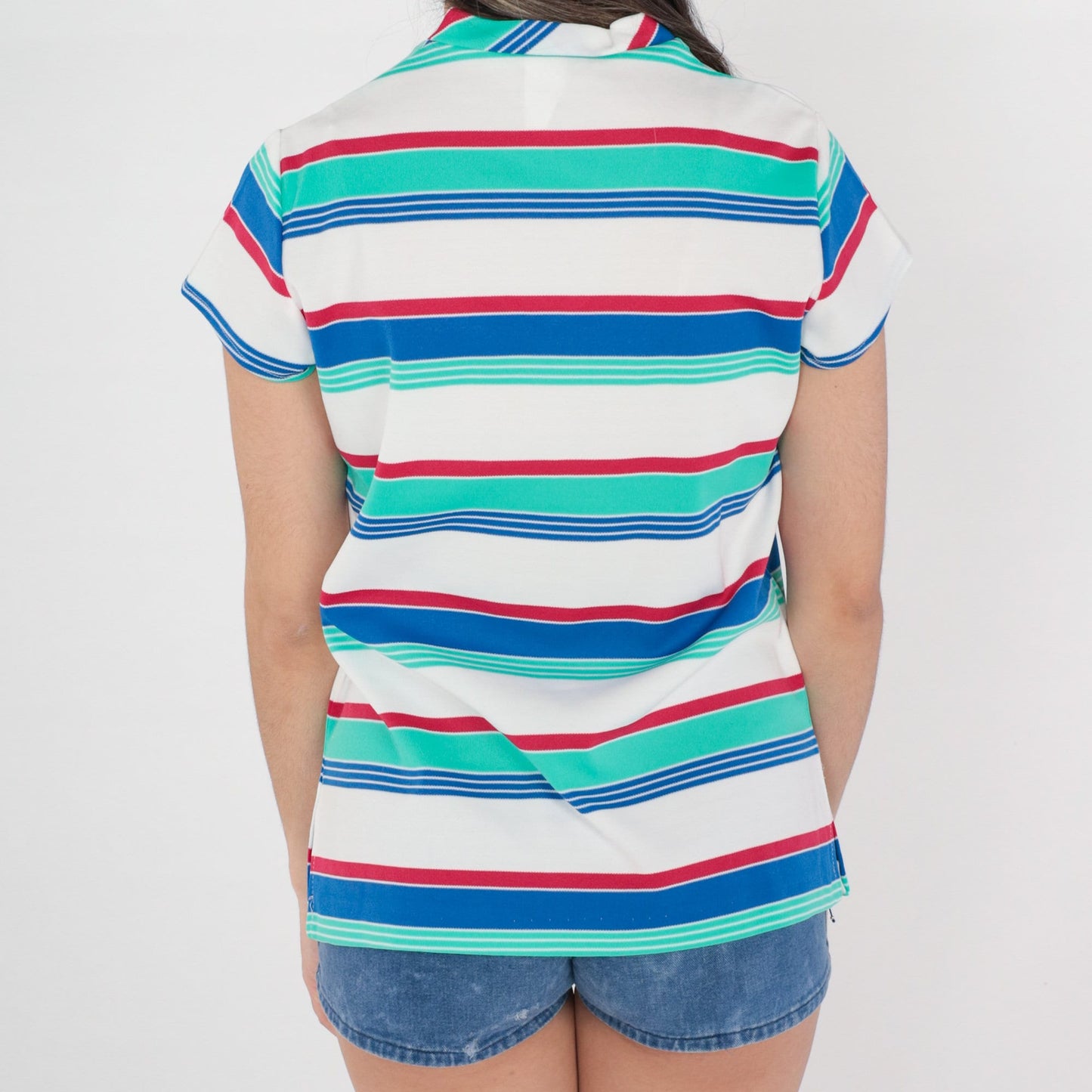 70s Striped V-Neck T-Shirt White Red Green Blue Pocket Tee Medium