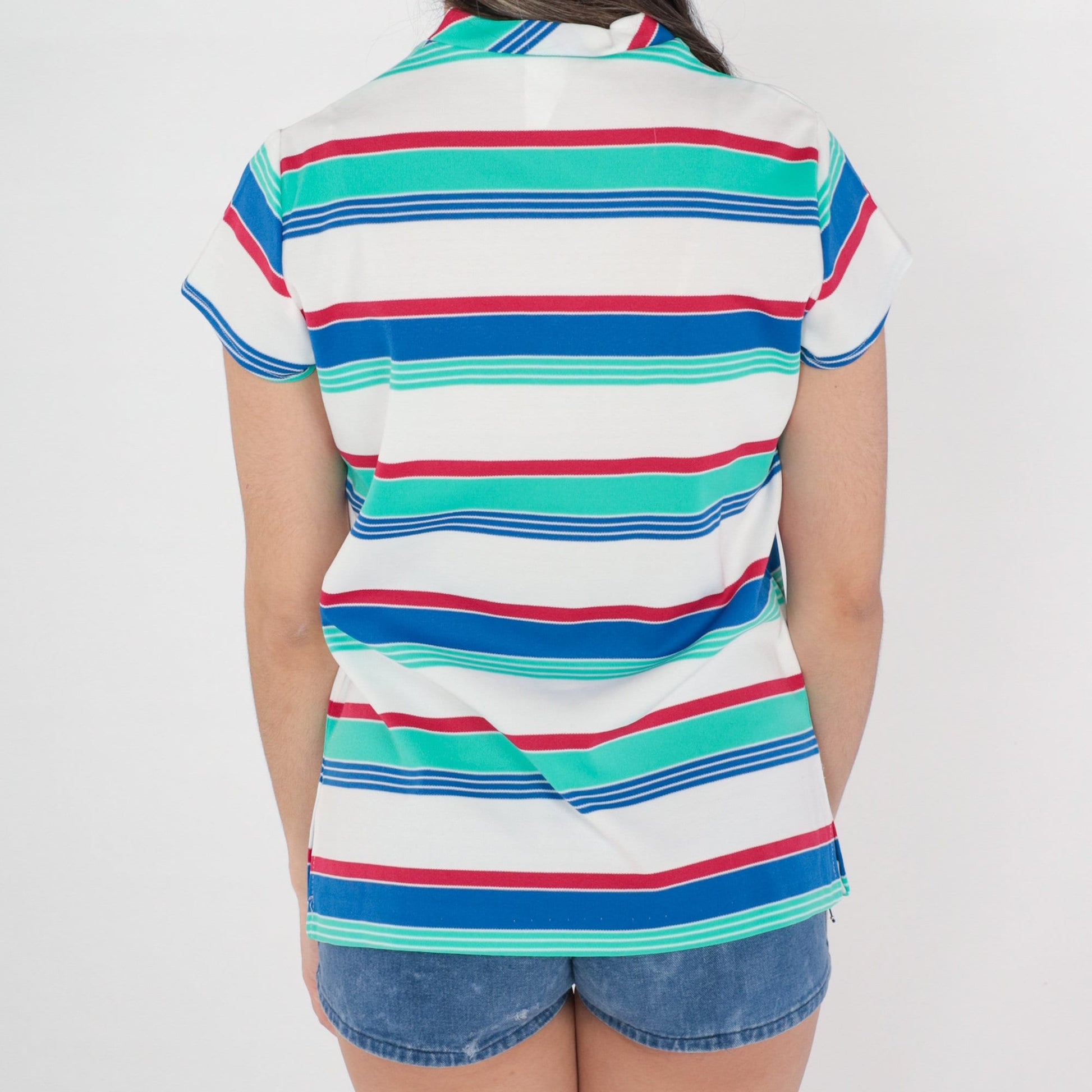 70s Striped V-Neck T-Shirt White Red Green Blue Pocket Tee Medium