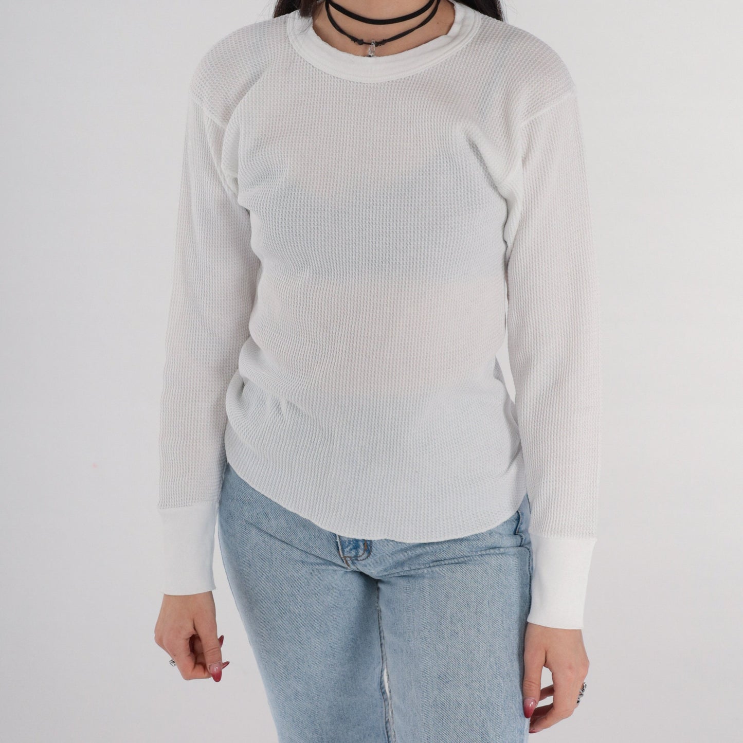 90s Hanes Thermal Shirt White Waffle Knit Long Sleeve Medium
