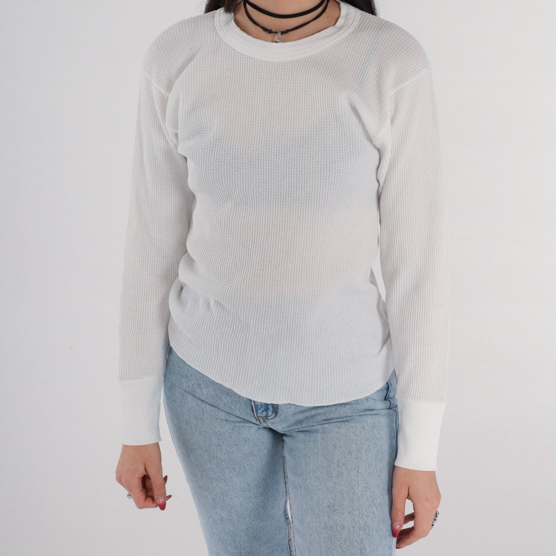 90s Hanes Thermal Shirt White Waffle Knit Long Sleeve Medium