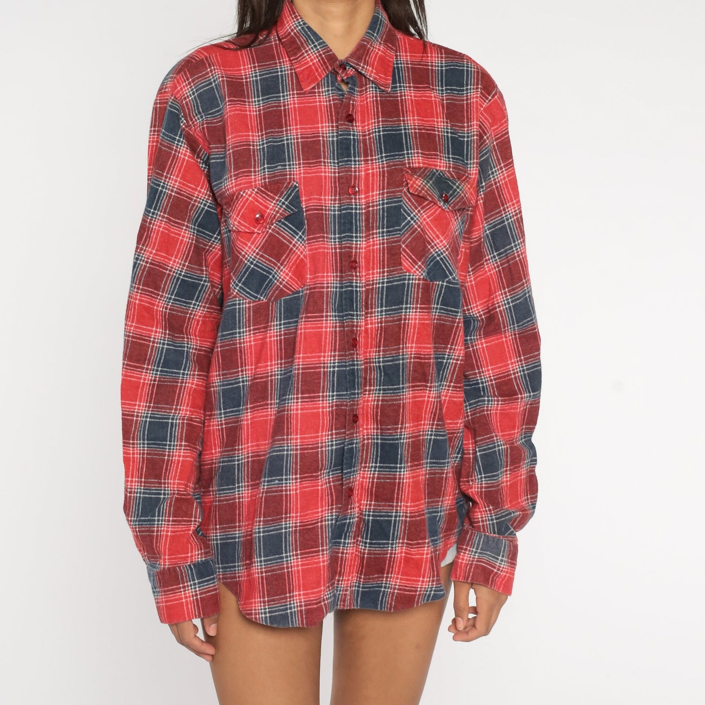 90s Red Blue Plaid Flannel Shirt Cotton Long Sleeve Button Up Large