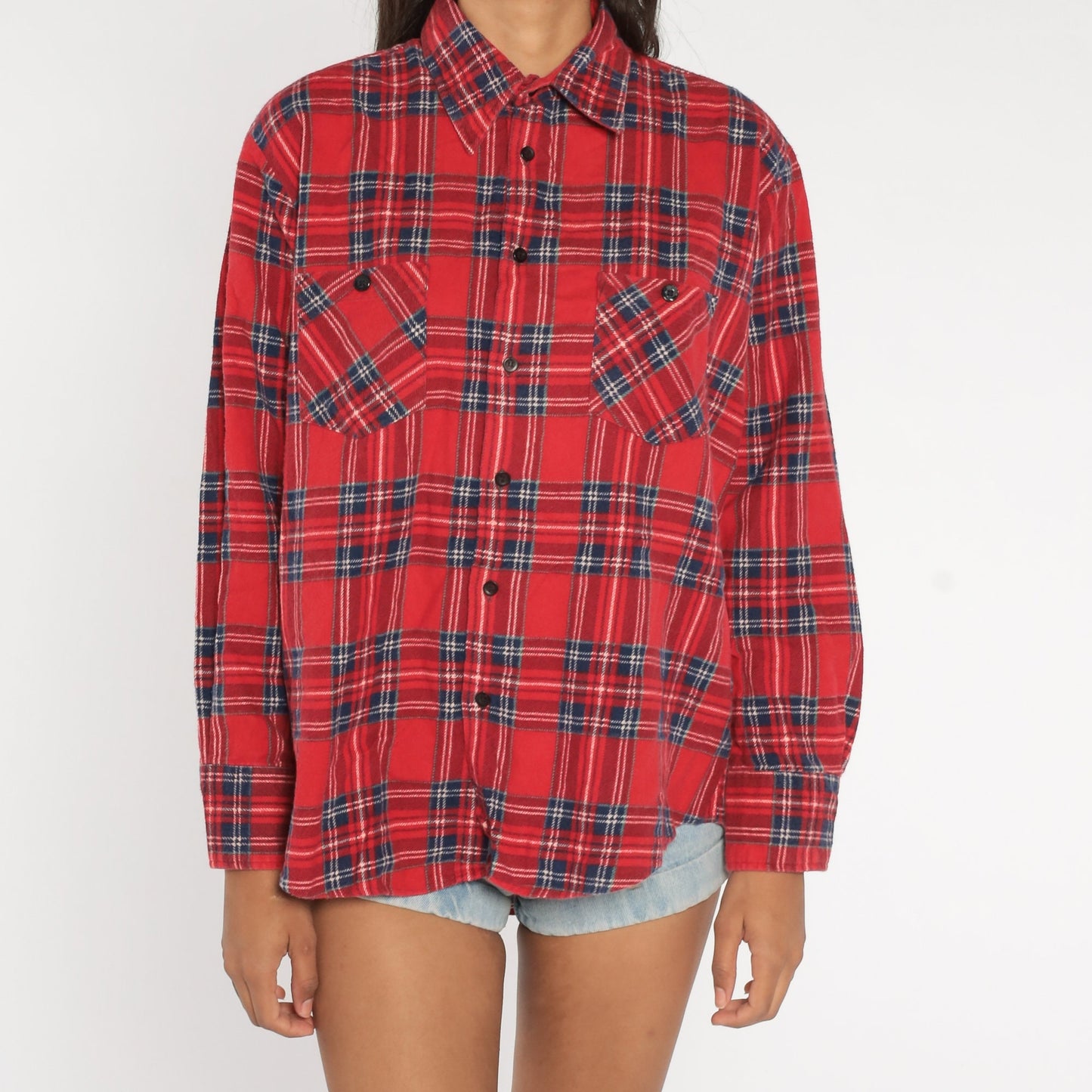 90s Red Navy Plaid Flannel Shirt Cotton Button Up Large