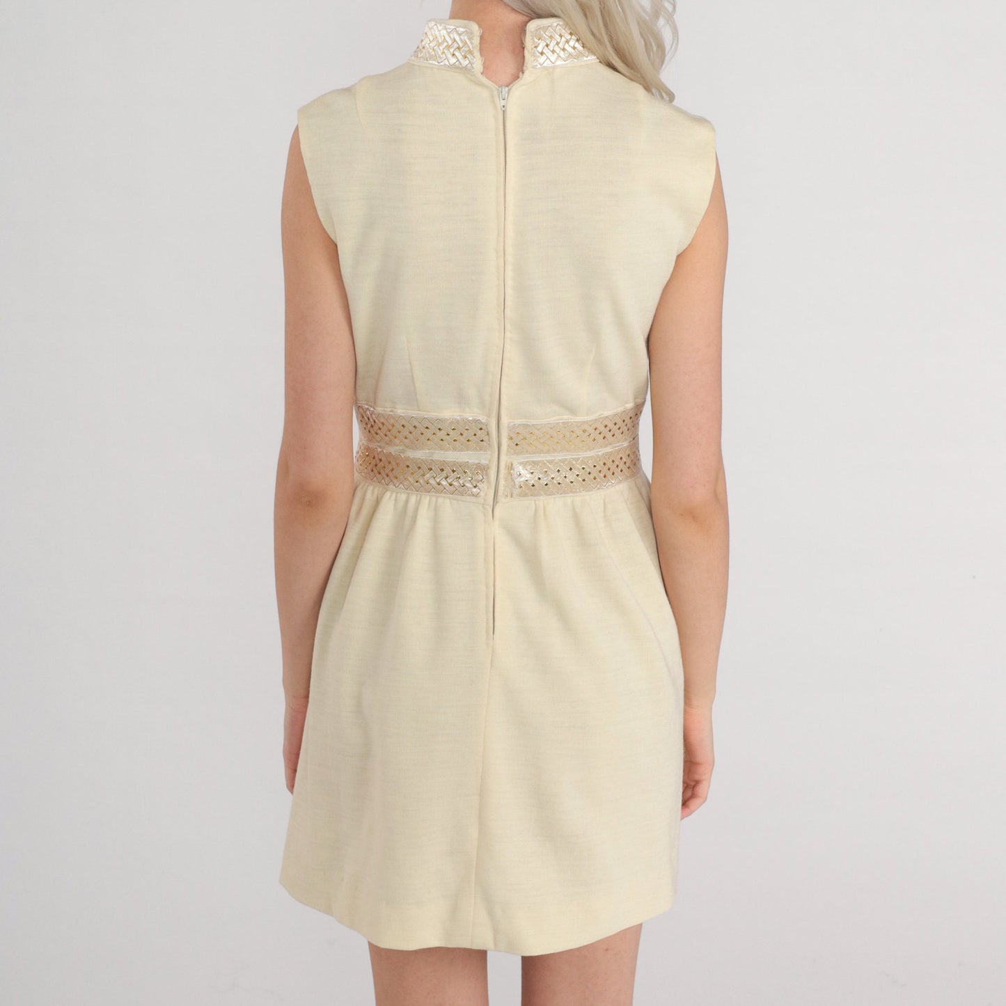 60s Cream Wool Blend Mod Mini Dress Metallic Trim Empire Waist Small S