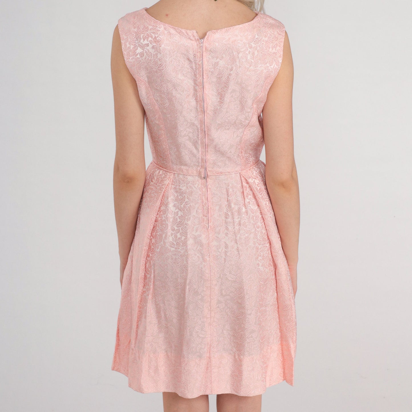 60s Pink Floral Brocade Mini Dress Sleeveless High Waist Extra Small XS