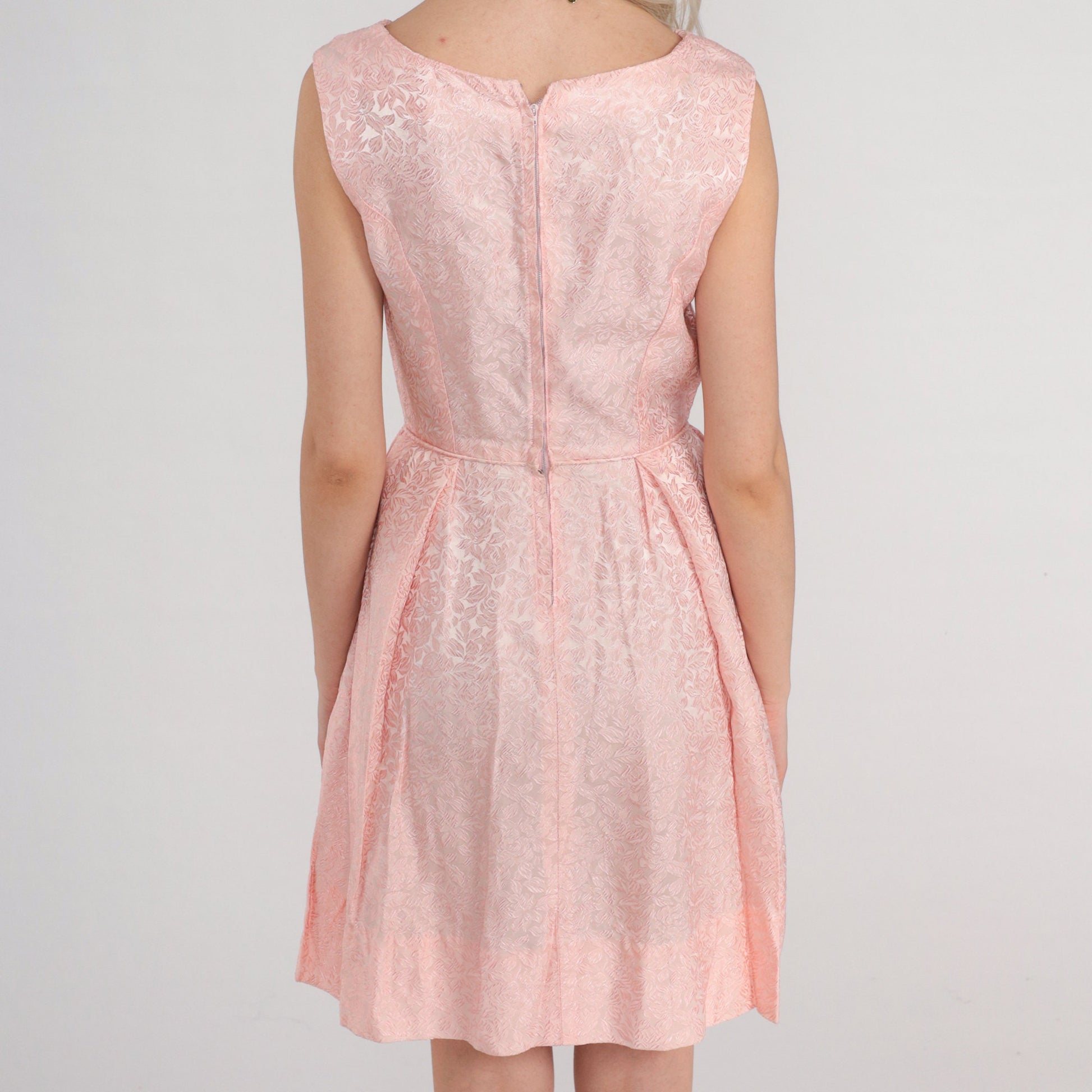 60s Pink Floral Brocade Mini Dress Sleeveless High Waist Extra Small XS