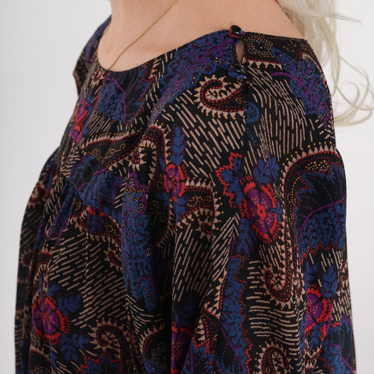 70s I Magnin Paisley Floral Mini Dress Black Half Sleeve Tent Cut Medium
