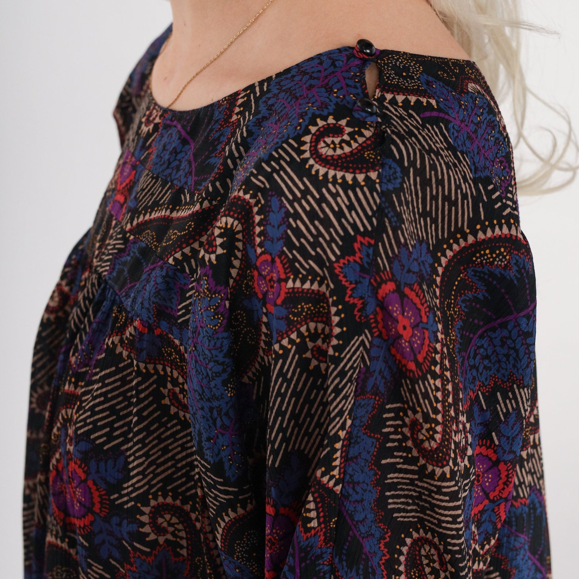 70s I Magnin Paisley Floral Mini Dress Black Half Sleeve Tent Cut Medium