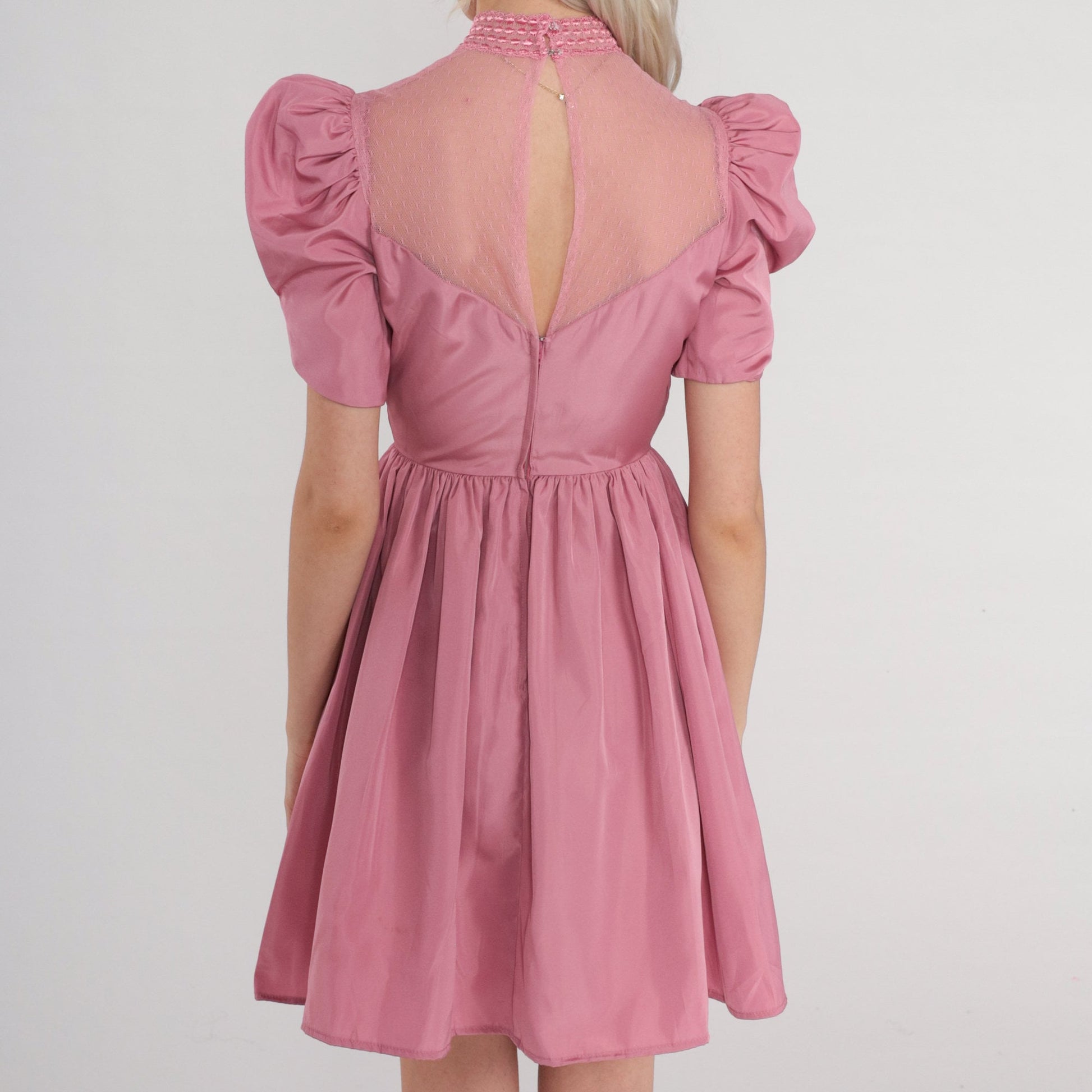 70s Pink Mini Dress Puff Sleeve Sweetheart Neckline Lace Illusion XXS