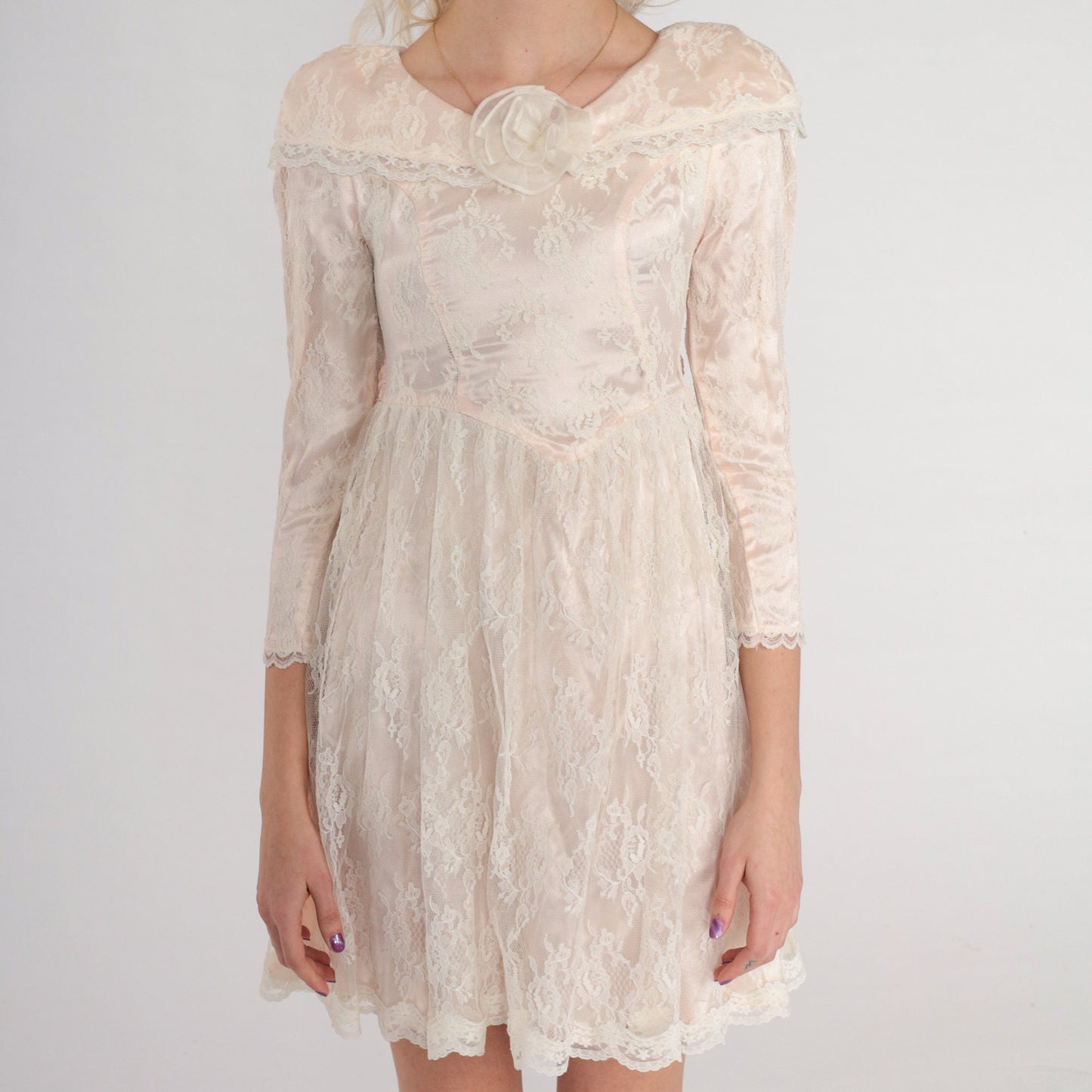 Gunne Sax 80s Pink White Lace Mini Dress Puff Sleeve High Waisted XXS