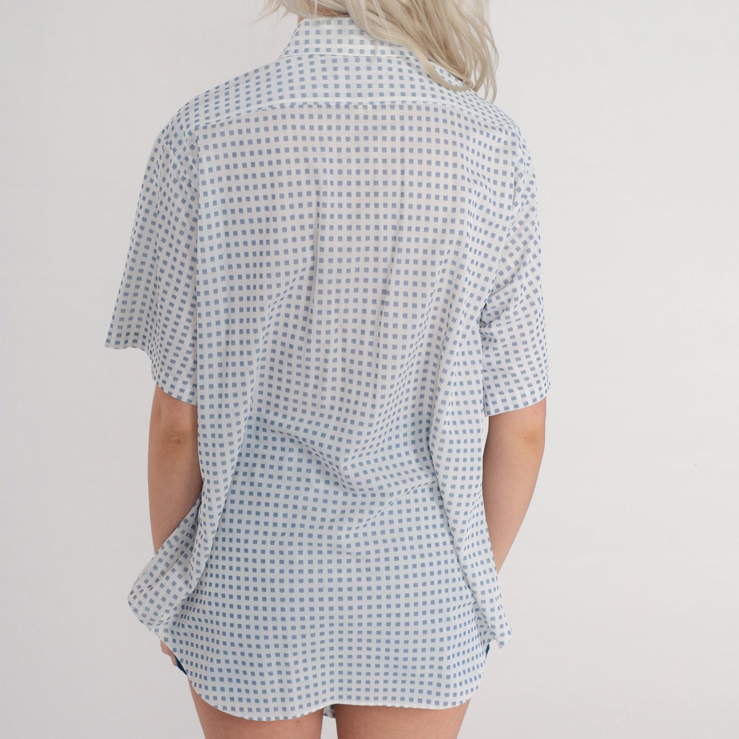 70s Arrow Button-Up Shirt White Blue Square Print Short Sleeve Pointed Collar Large