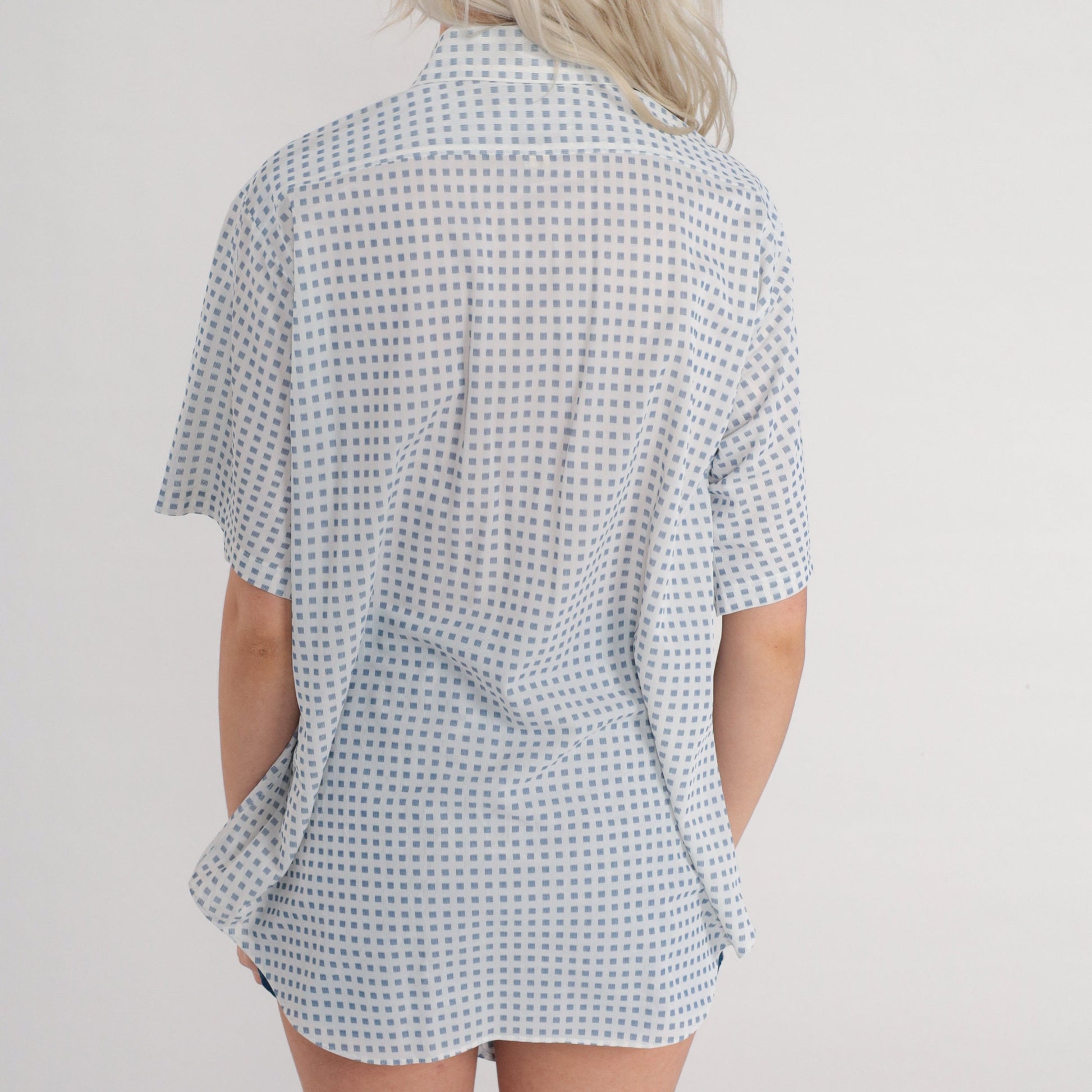 70s Arrow Button-Up Shirt White Blue Square Print Short Sleeve Pointed Collar Large