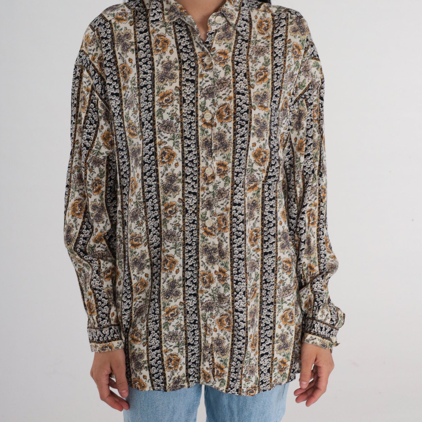 90s Krazy Kat Floral Button-Up Blouse Long Sleeve Collared Shirt Large L