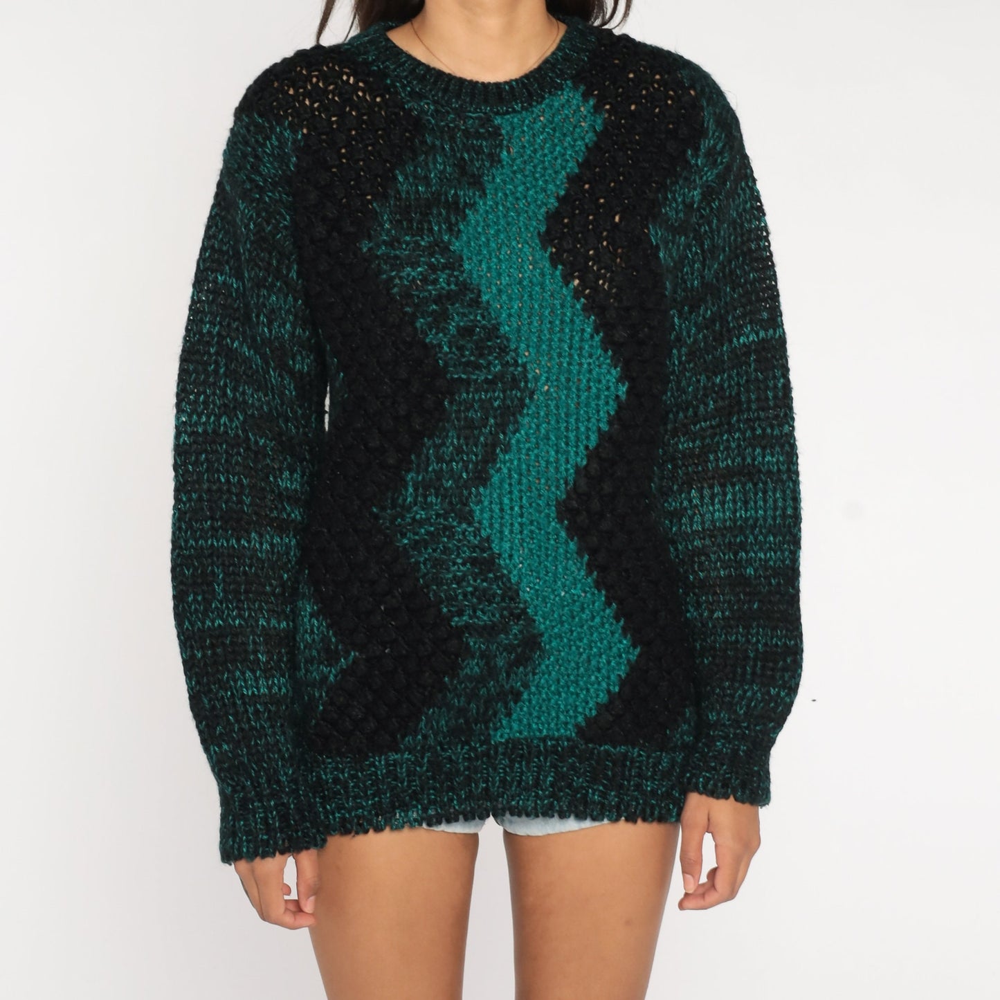 80s Zig Zag Striped Knit Sweater Black Green Space Dye Crewneck Medium