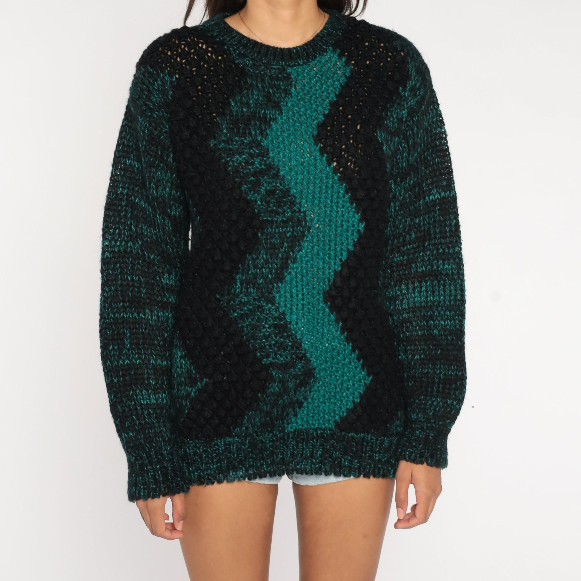 80s Zig Zag Striped Knit Sweater Black Green Space Dye Crewneck Medium