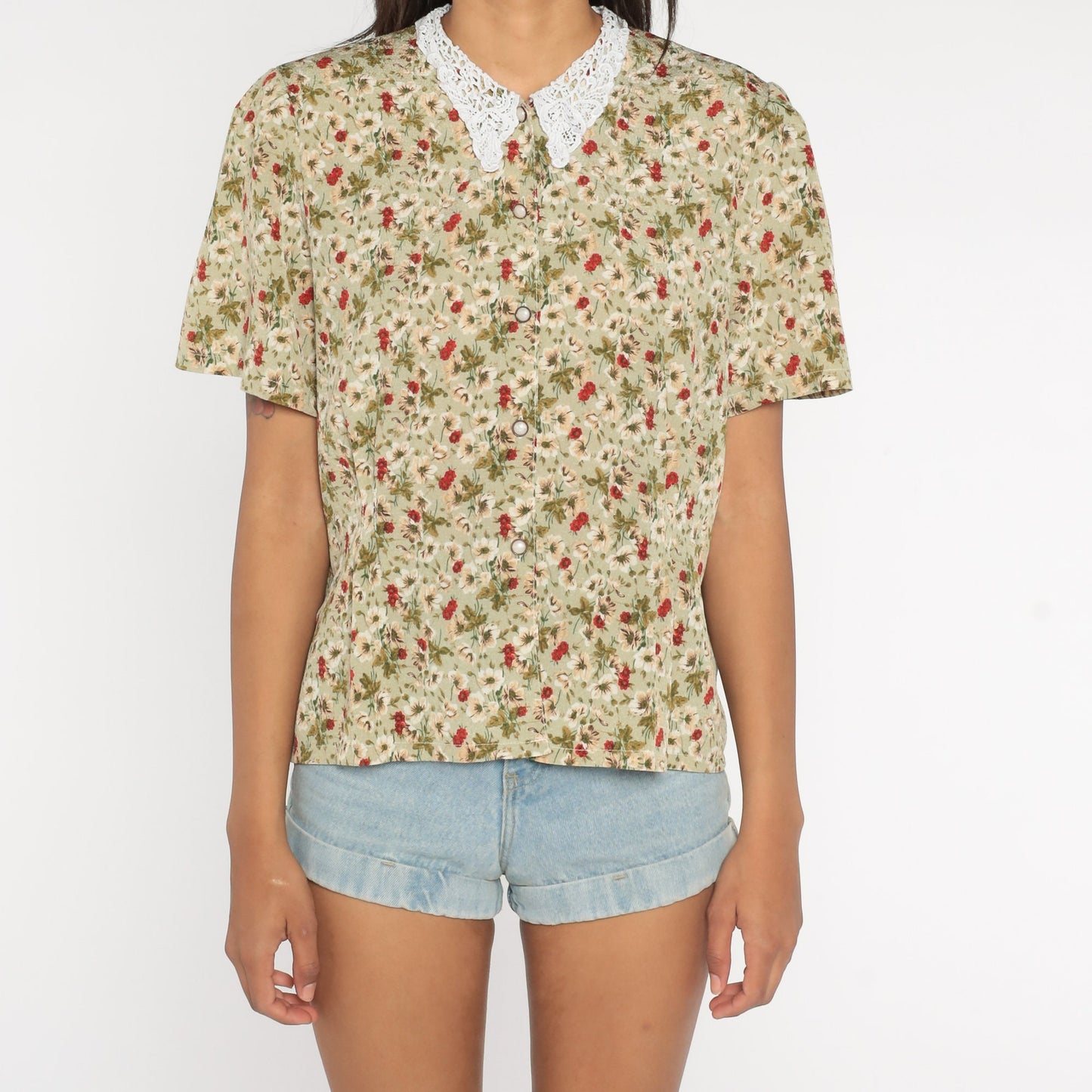 80s Floral Button-Up Blouse Lace Collar Green Red White Large