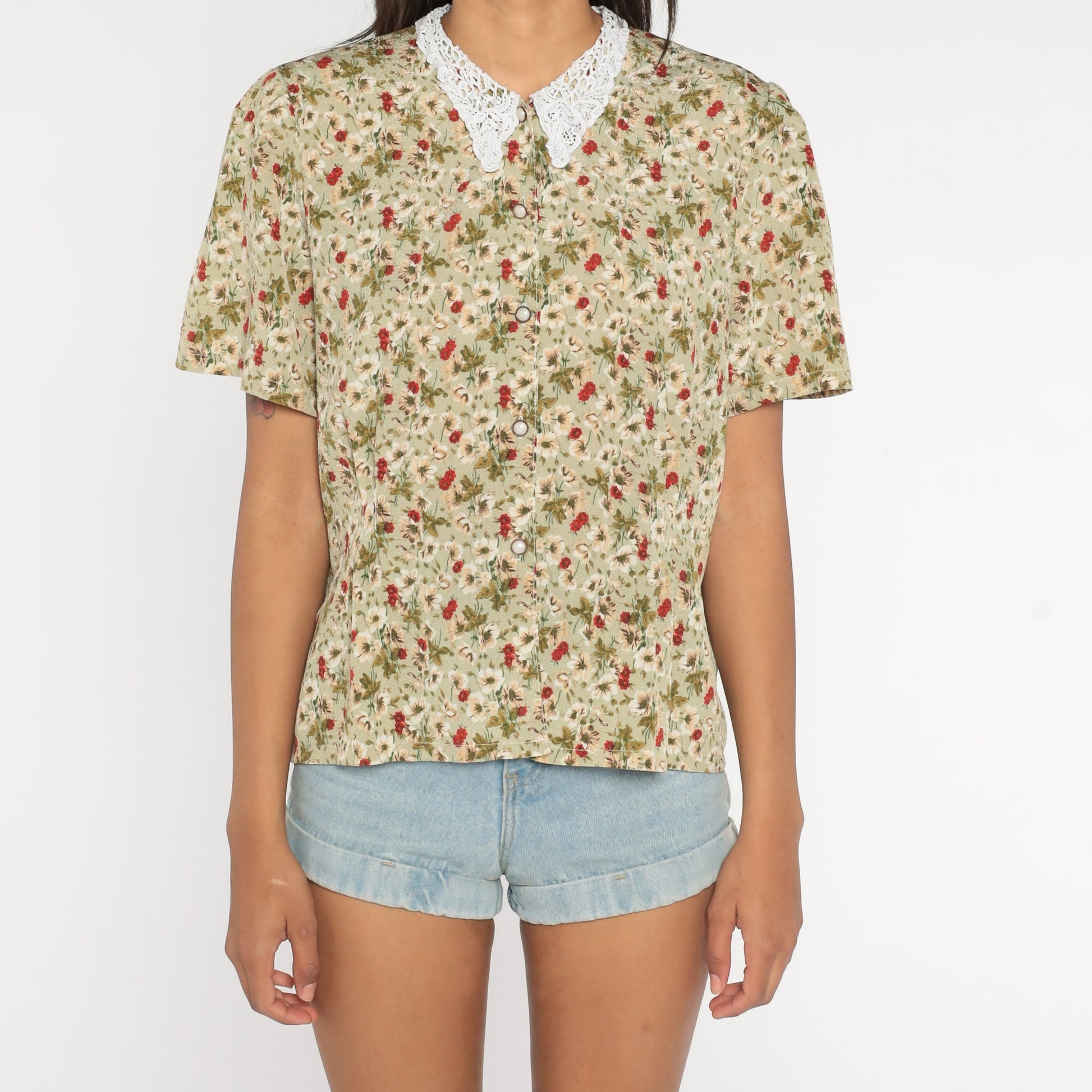 80s Floral Button-Up Blouse Lace Collar Green Red White Large