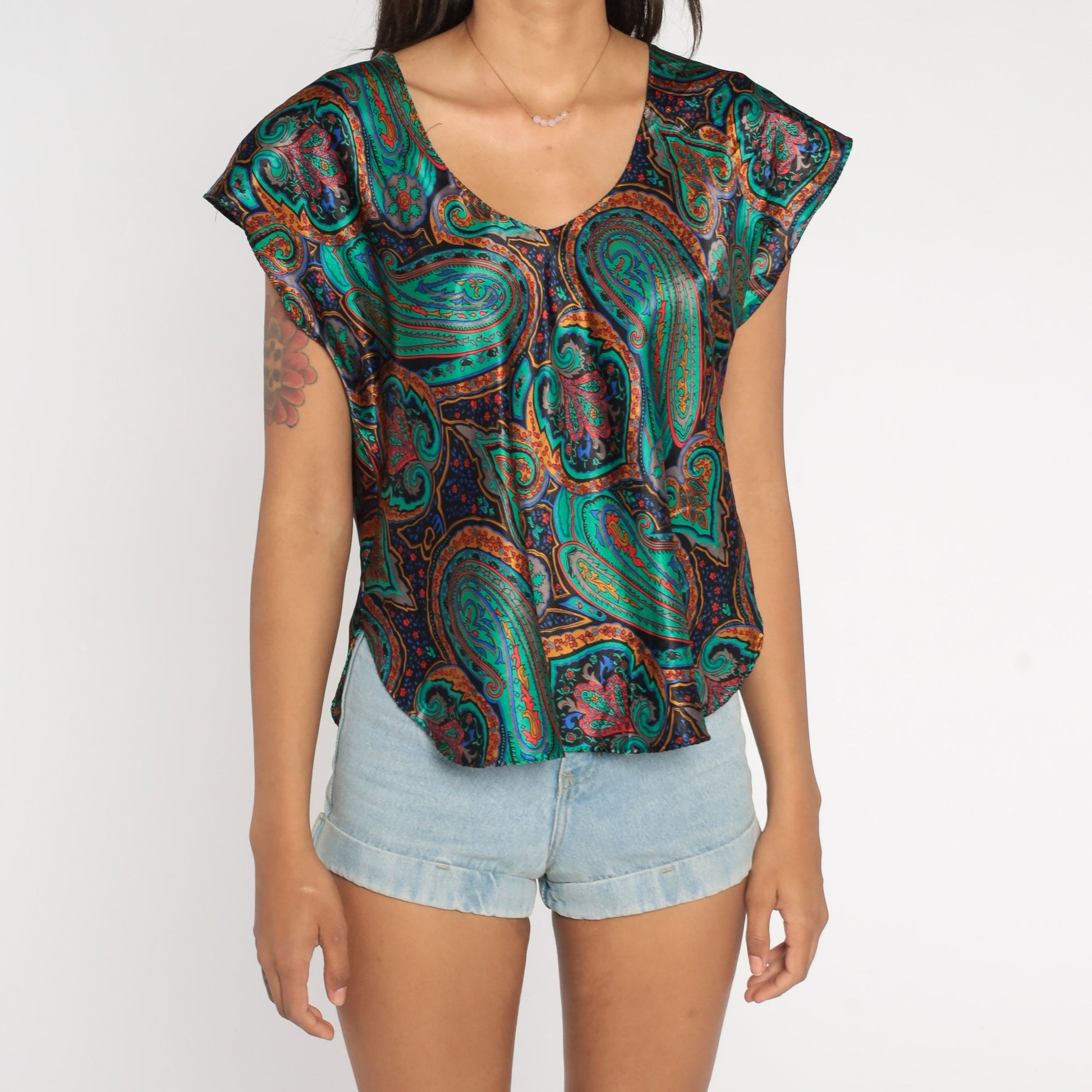 80s Paisley Pajama Top Green Cap Sleeve Sleep Shirt Large L