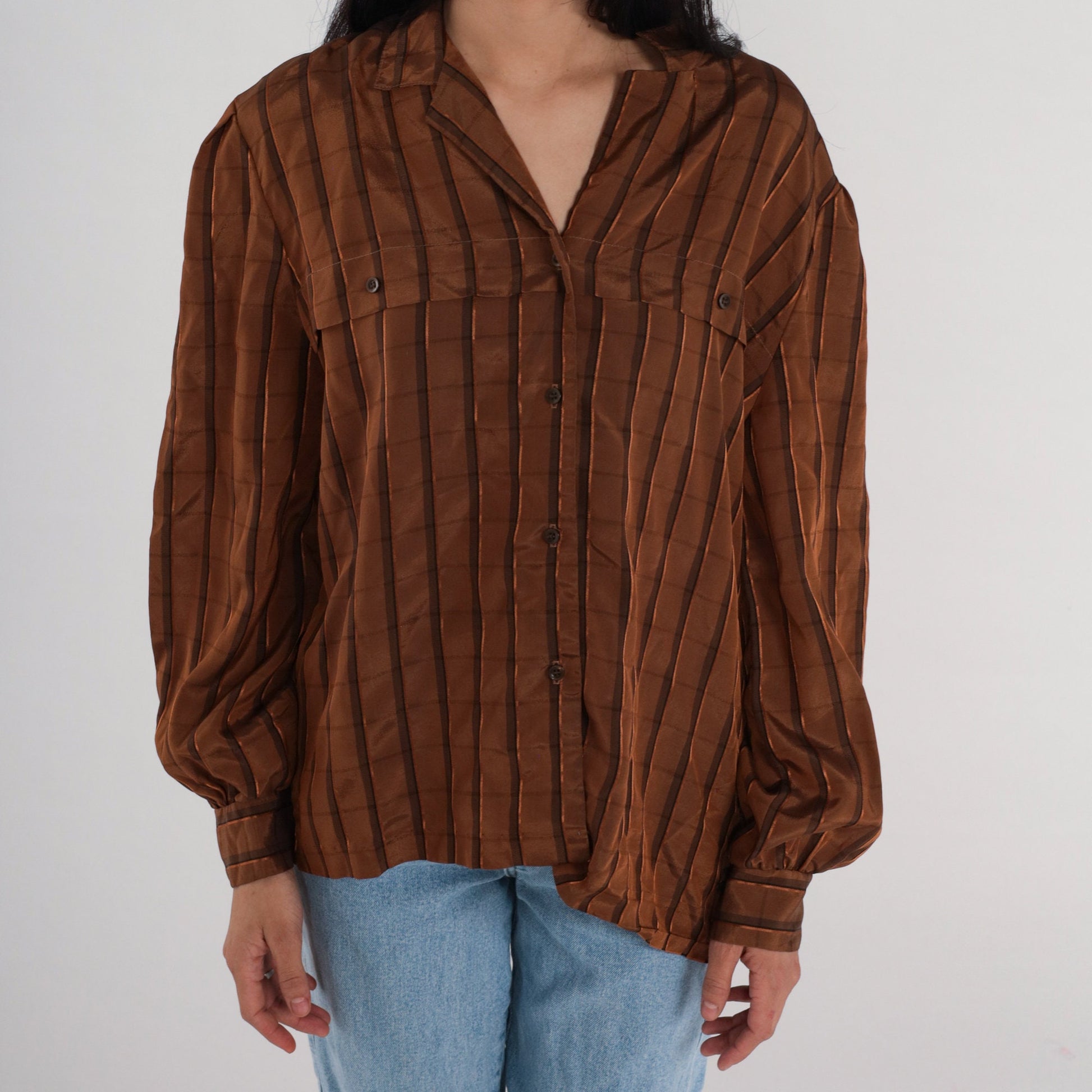 80s Brown Checkered Button-Up Blouse Puff Sleeve Collared Shirt Large L