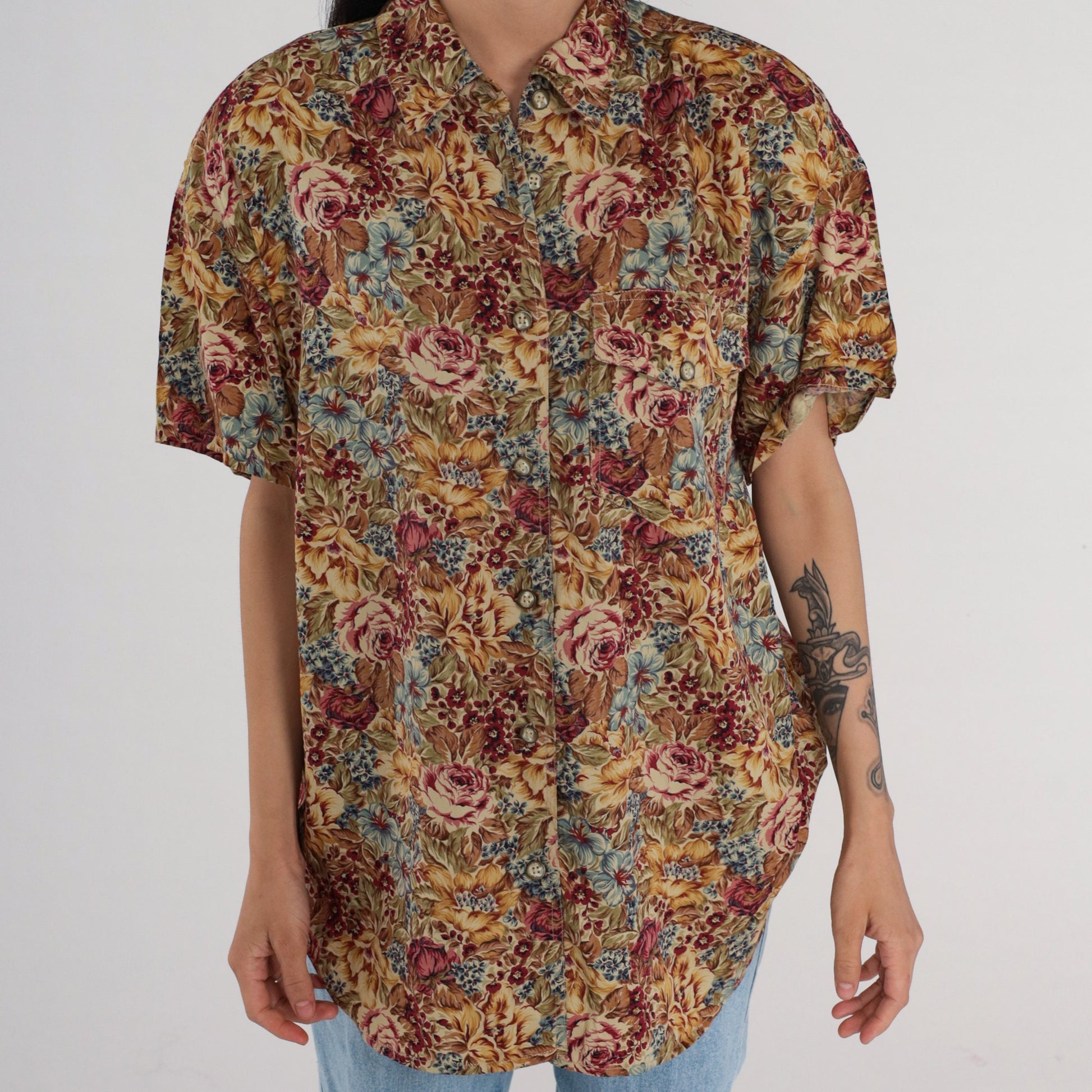 Y2K Liz Claiborne Floral Button-Up Blouse Short Sleeve Rayon Multicolor Large L