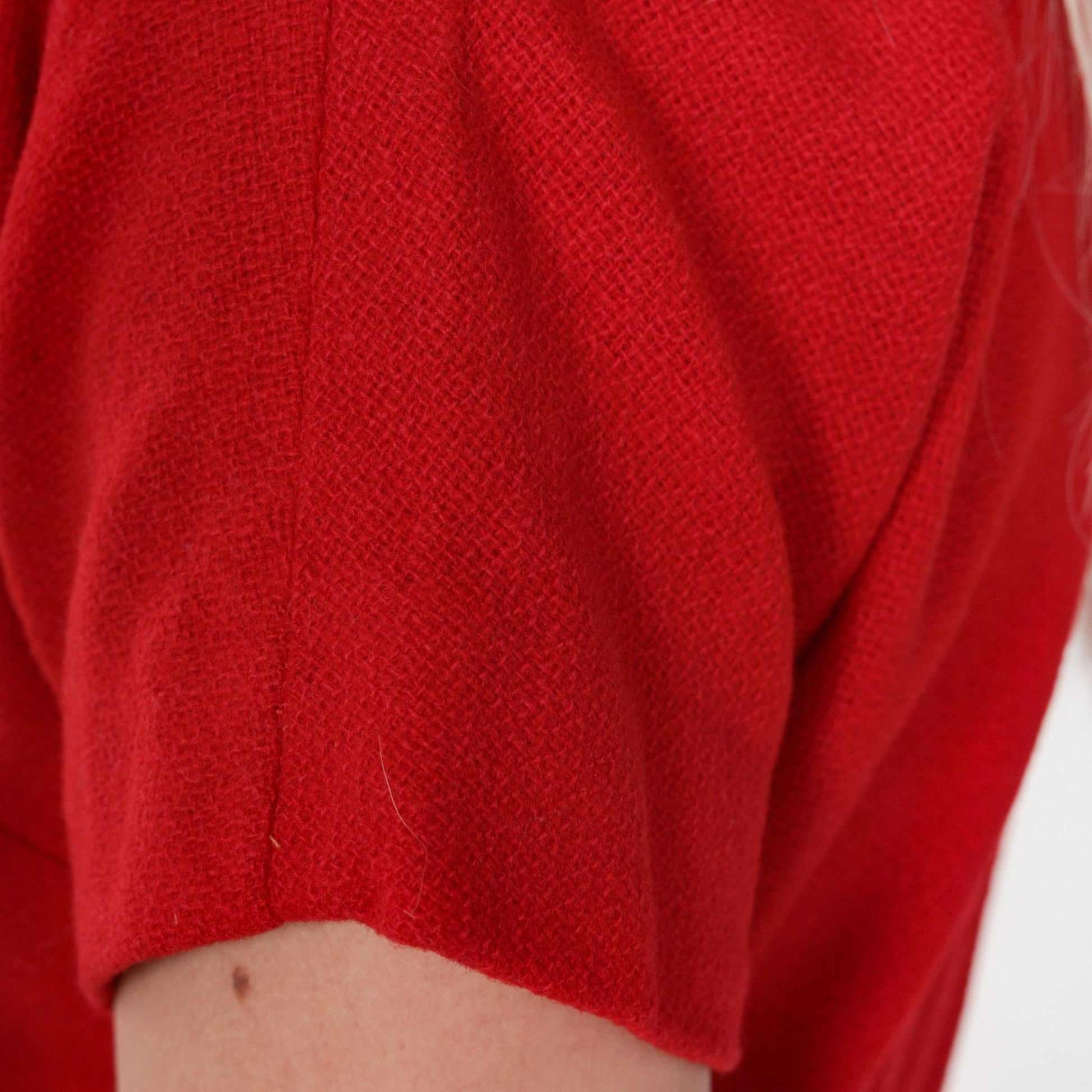 60s Red Wool Pencil Dress High Waisted Knee Length Short Sleeve Extra Small XS