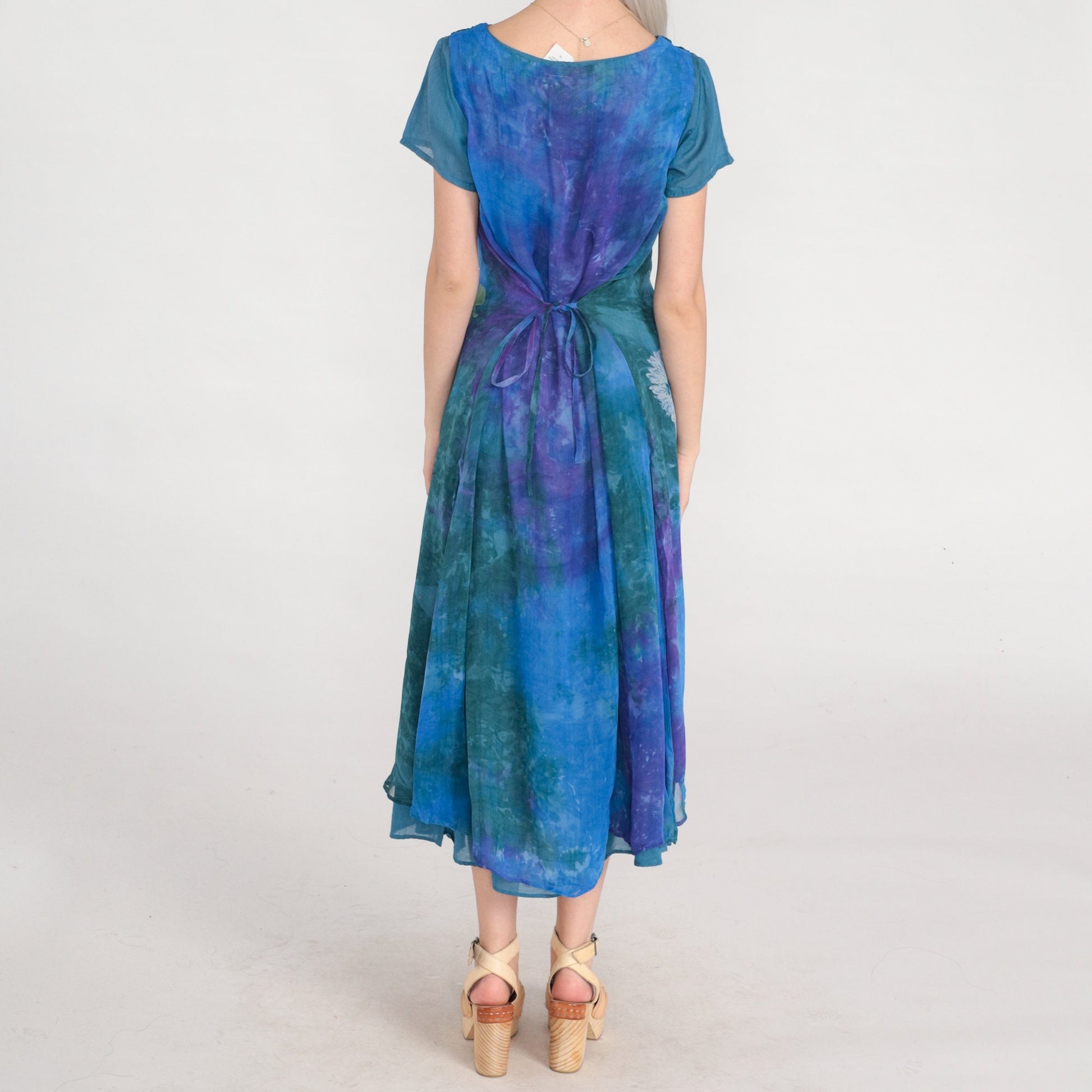 00s Tie Dye Floral Midi Dress Purple Blue Green Layered Short Sleeve Small