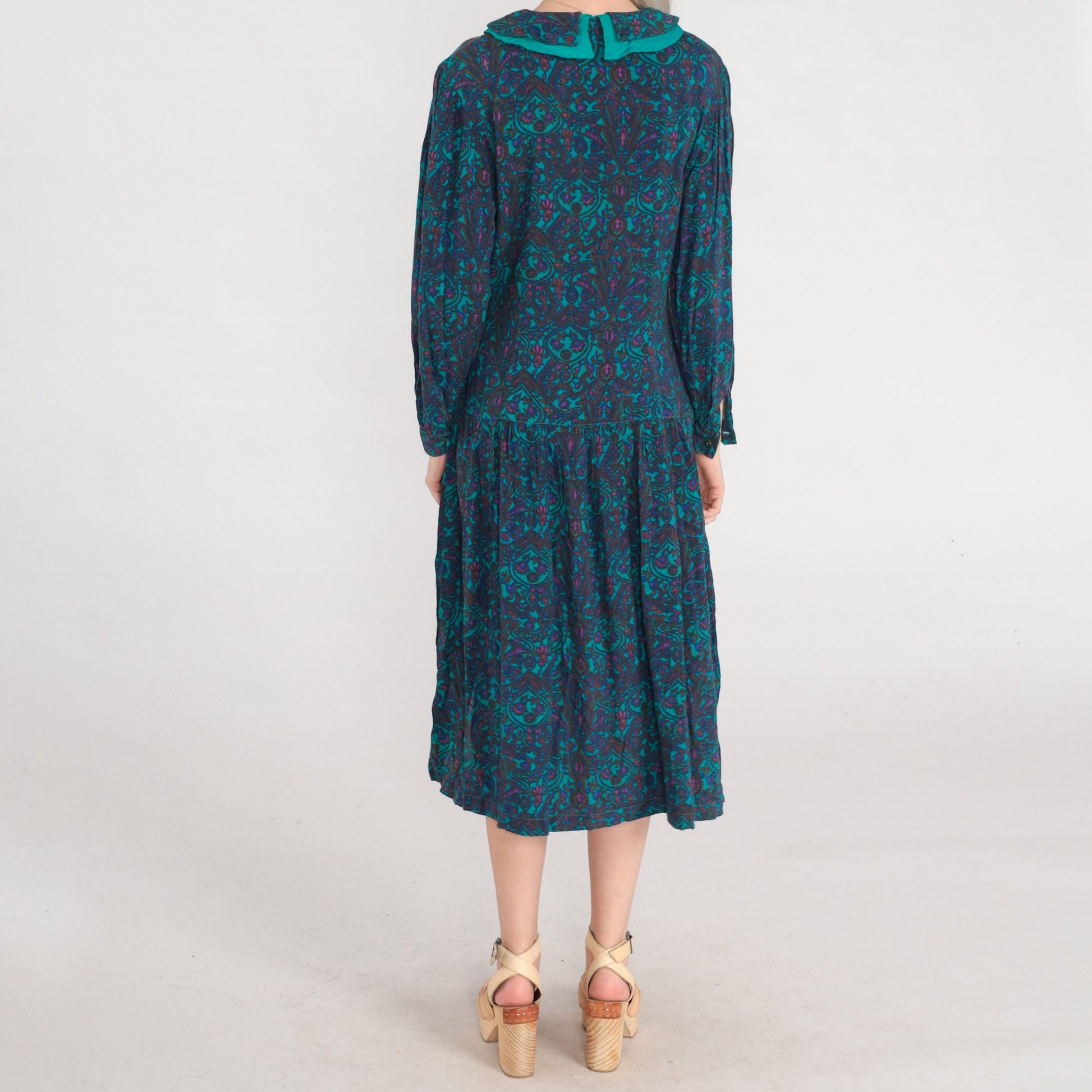 80s Green Floral Midi Dress Collared Puff Sleeve Drop Waist Small