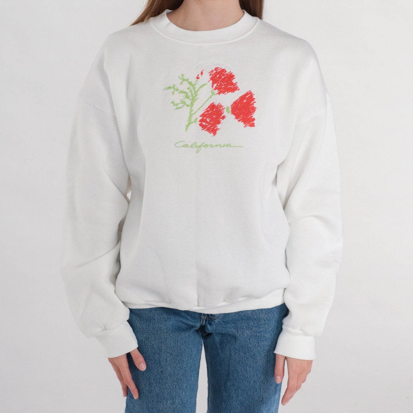 90s California Poppy Graphic Sweatshirt White Crewneck Pullover Large