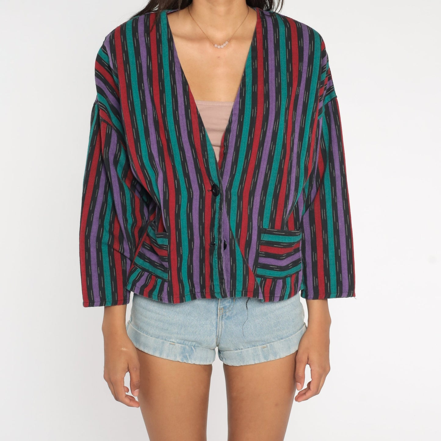 90s Striped Cotton Blazer Deep V-Neck Button Jacket Medium